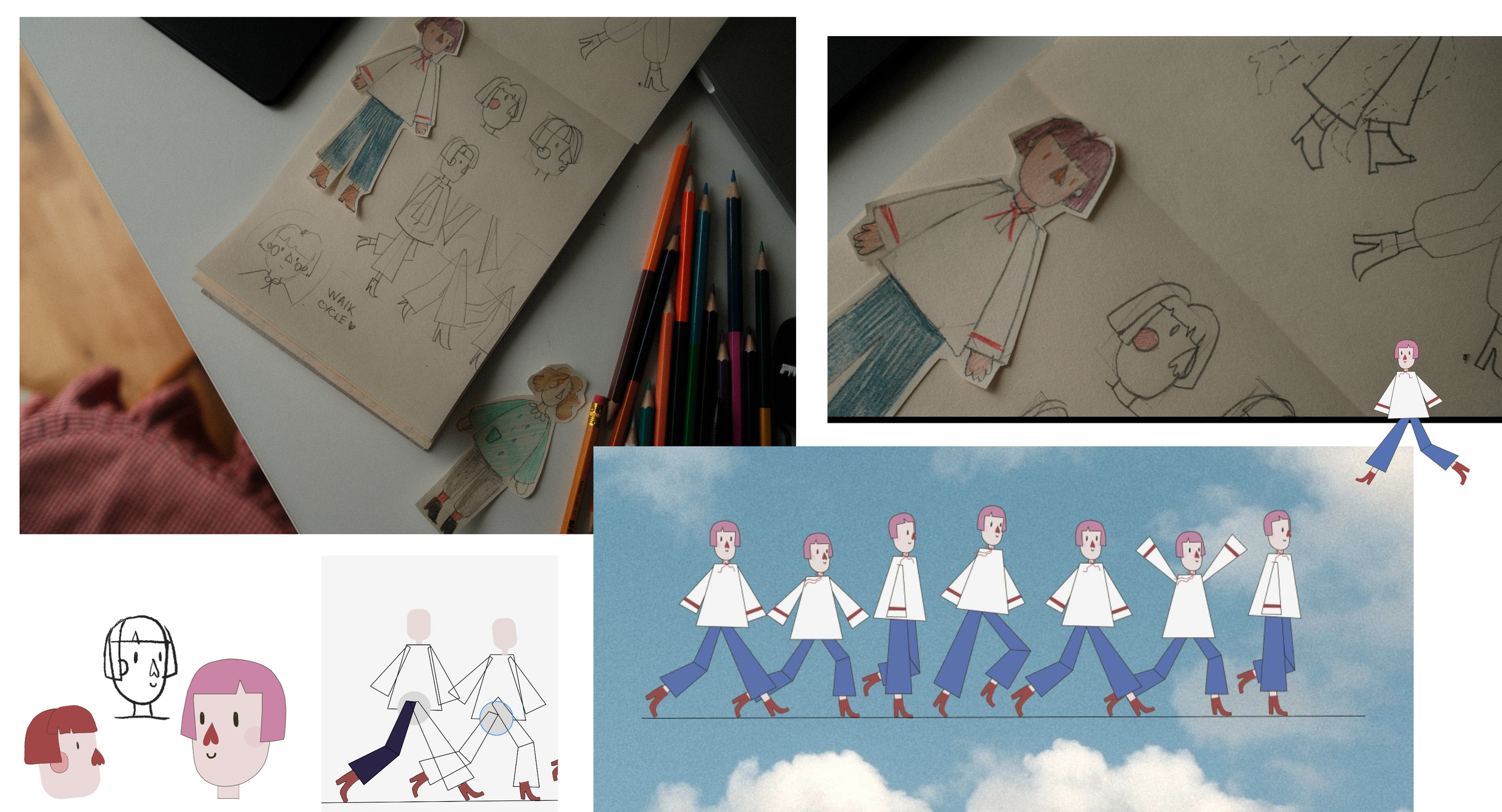 Collection of sketches and cutouts of cartoon characters, including women with pink hair, blue pants, white tops, and red high heels, depicted walking or in various poses, against backgrounds of clouds and sky.