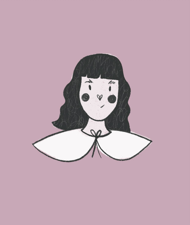 A cute illustrated girl with dark, wavy hair and a small nose, wearing a large white bow around her neck, set against a light pink background.