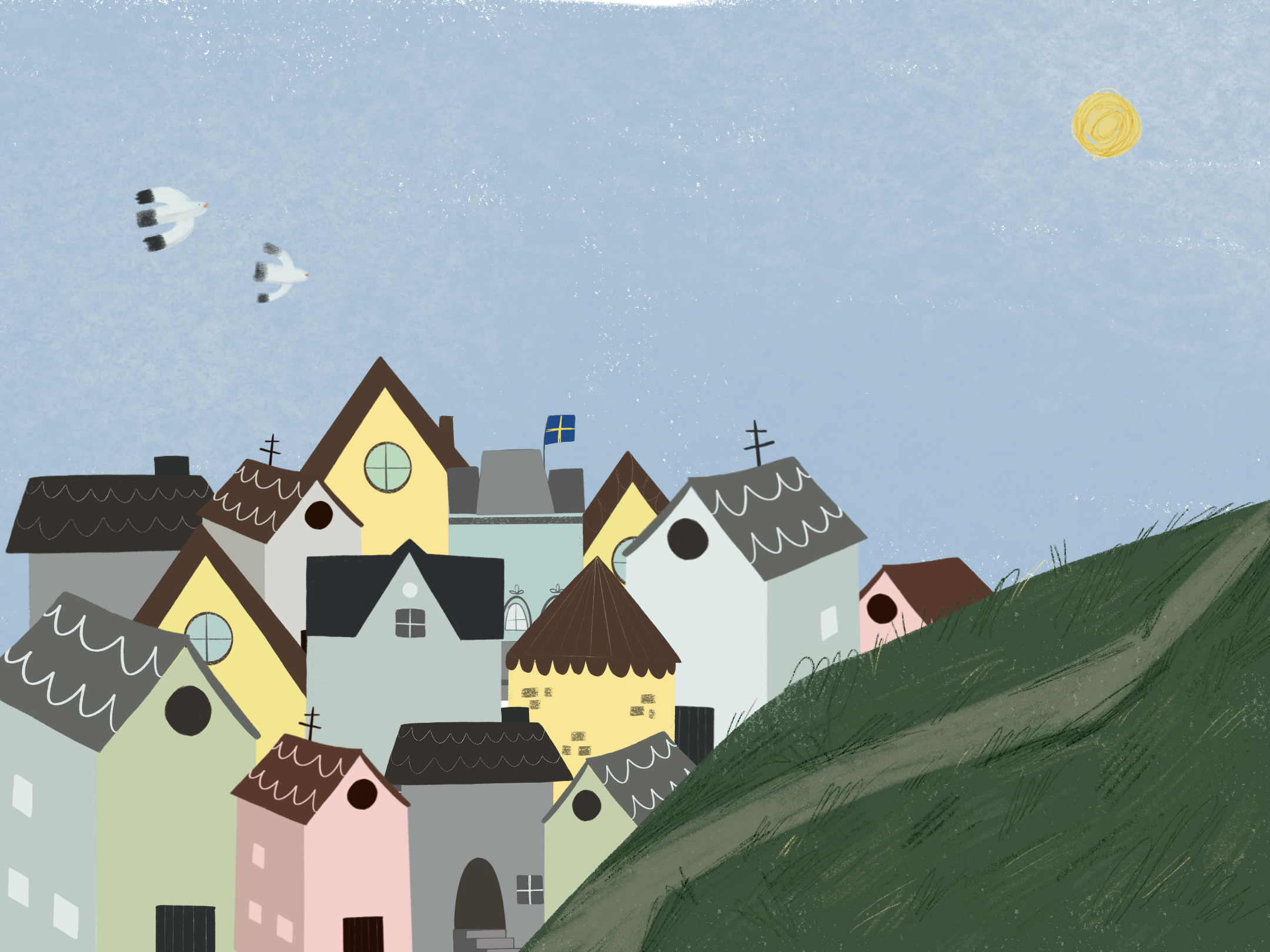 Illustration of a small village on a hillside with colorful houses, a blue sky, sun, and three birds flying.