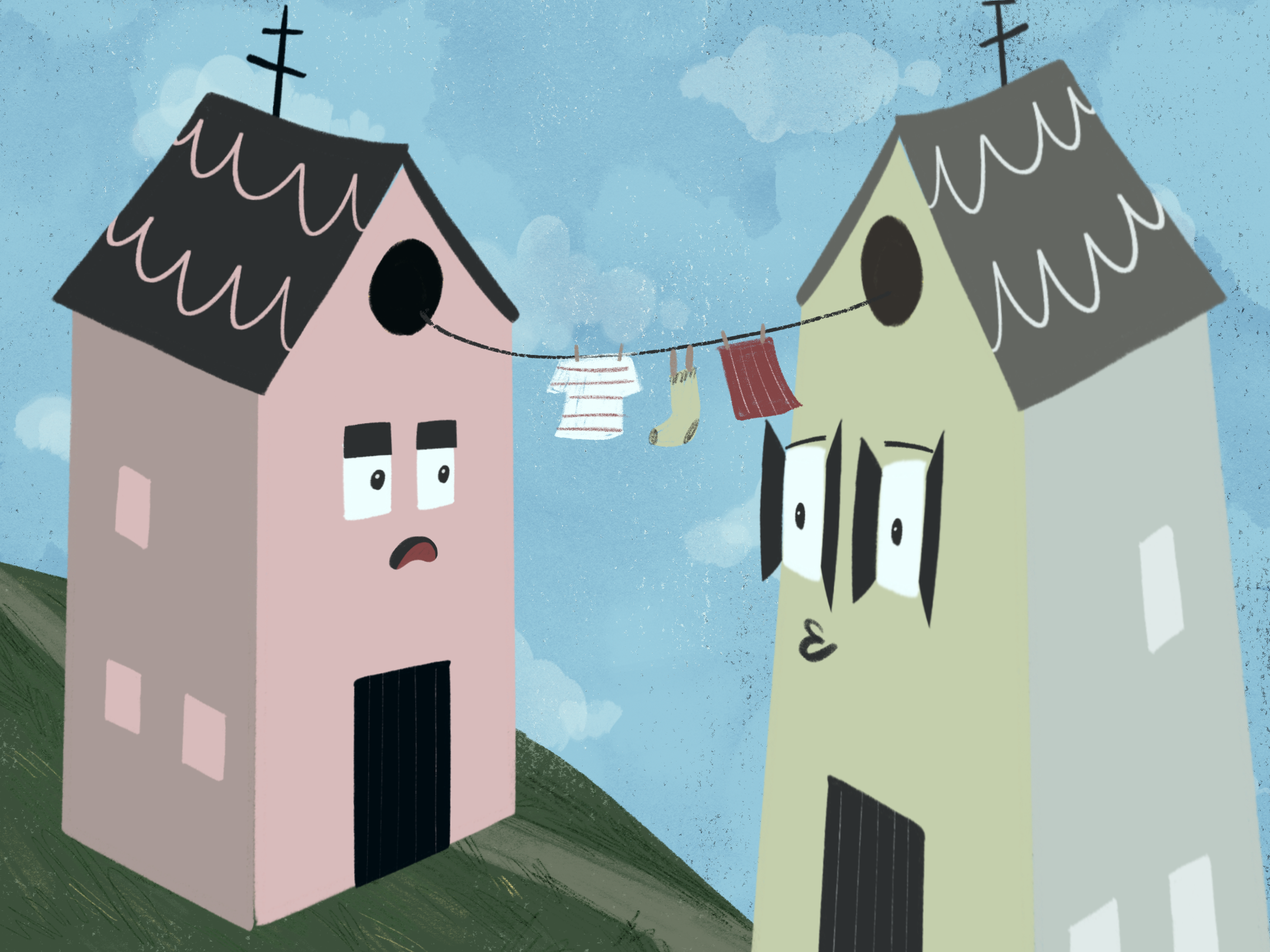 Two animated houses with faces on a grassy hill under a cloudy sky, connected by a clothesline with laundry hanging, including socks, a shirt, and underwear.