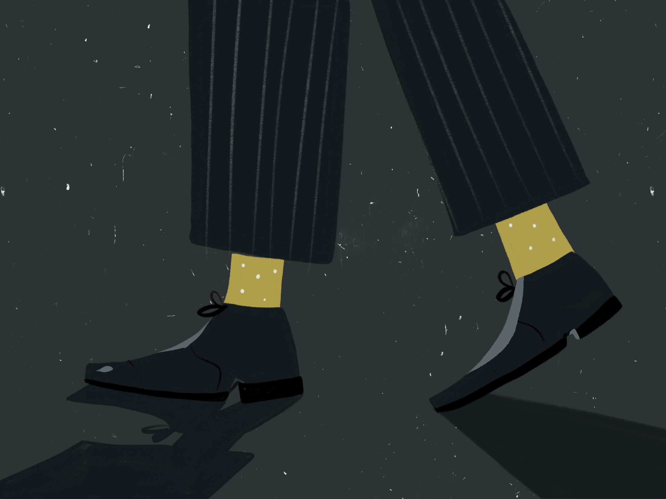 Close-up of a person wearing black pinstripe pants, yellow polka dot socks, and black ice skates, gliding on an ice rink with a reflective surface.