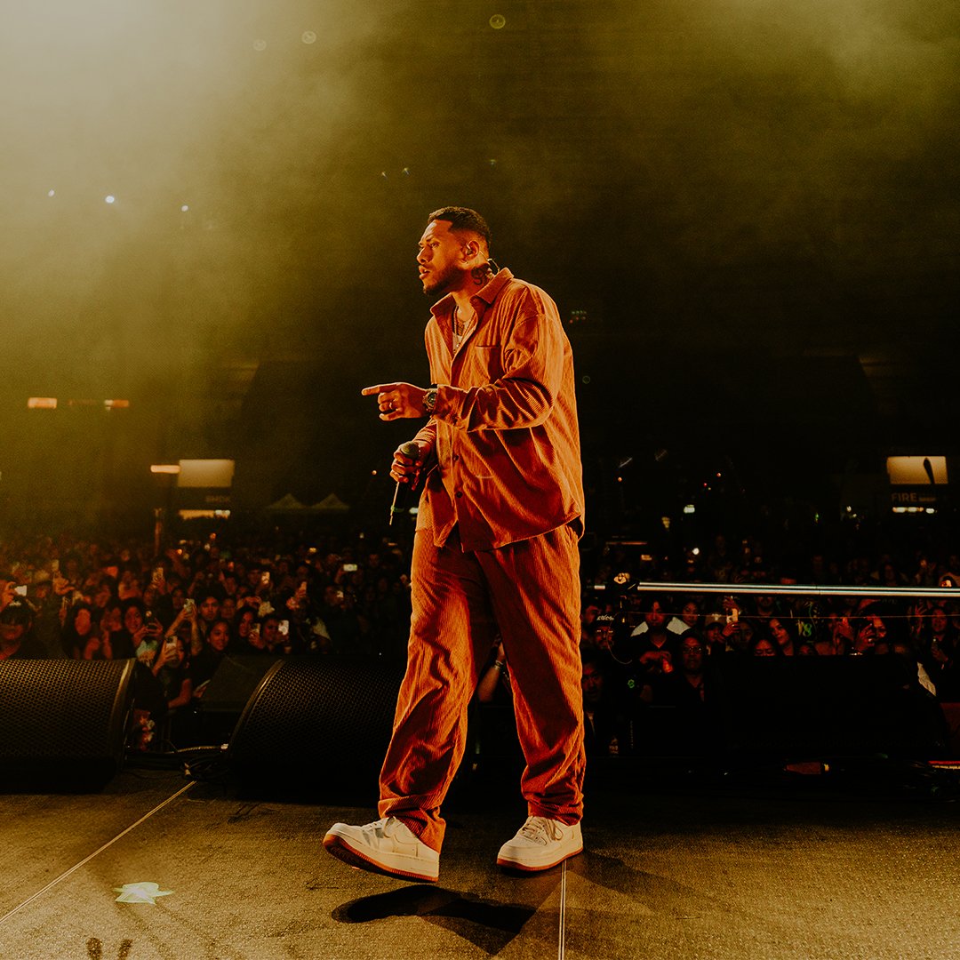 A male performer in a brown outfit holding a microphone on stage during a concert, with a large crowd in the background.
