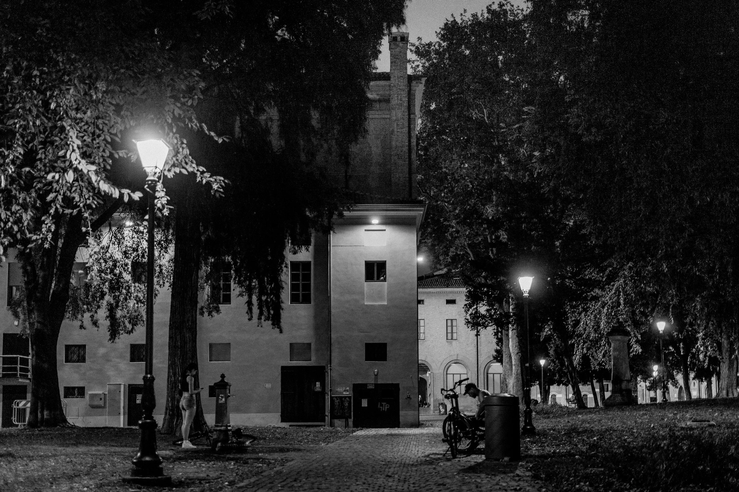 Una scena notturna in un parco con alberi, lampioni accesi, una panchina e una persona seduta, in bianco e nero.