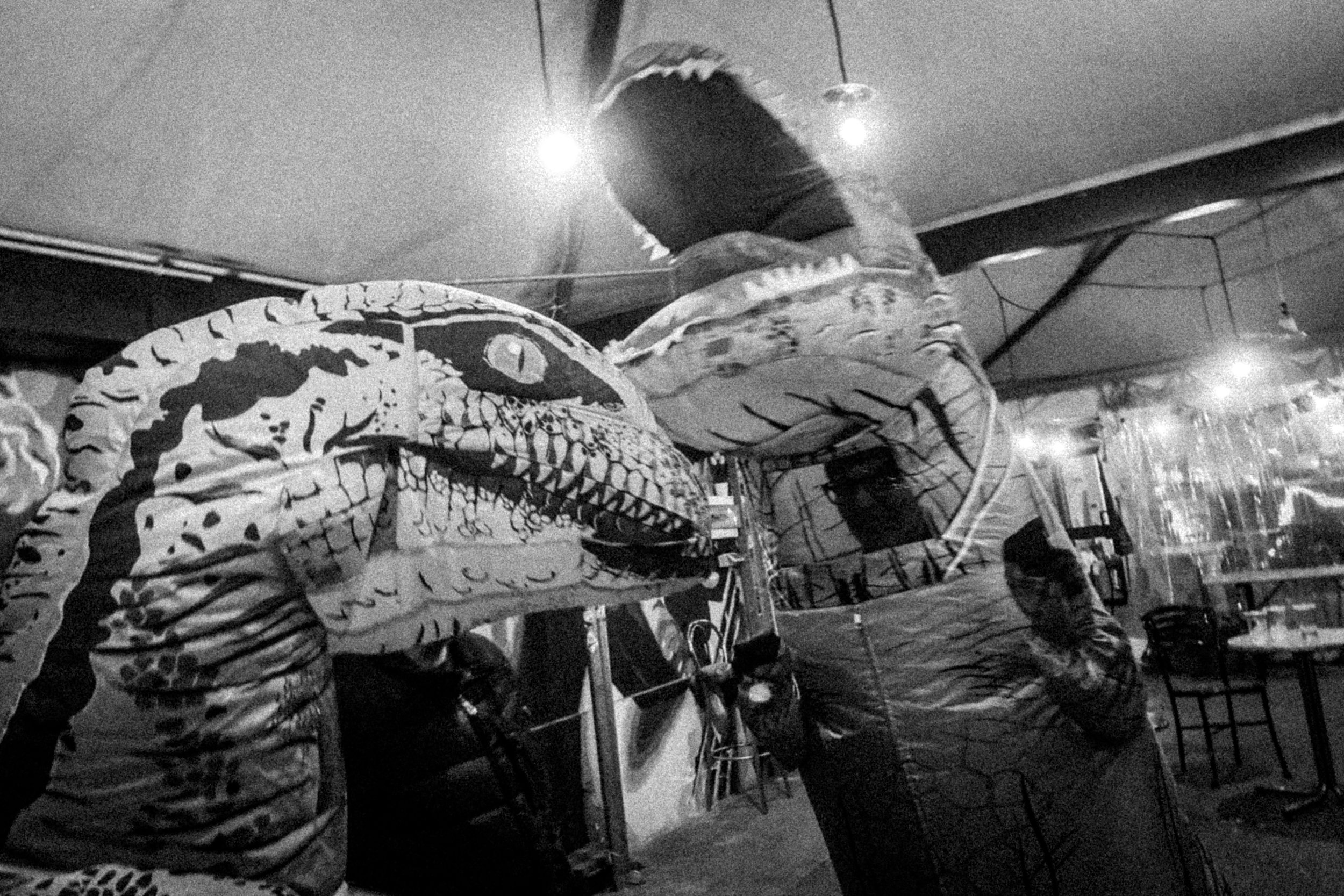 Due persone indossano costumi di dinosauro in una scena in un locale, con luci soffuse e arredamento moderno.