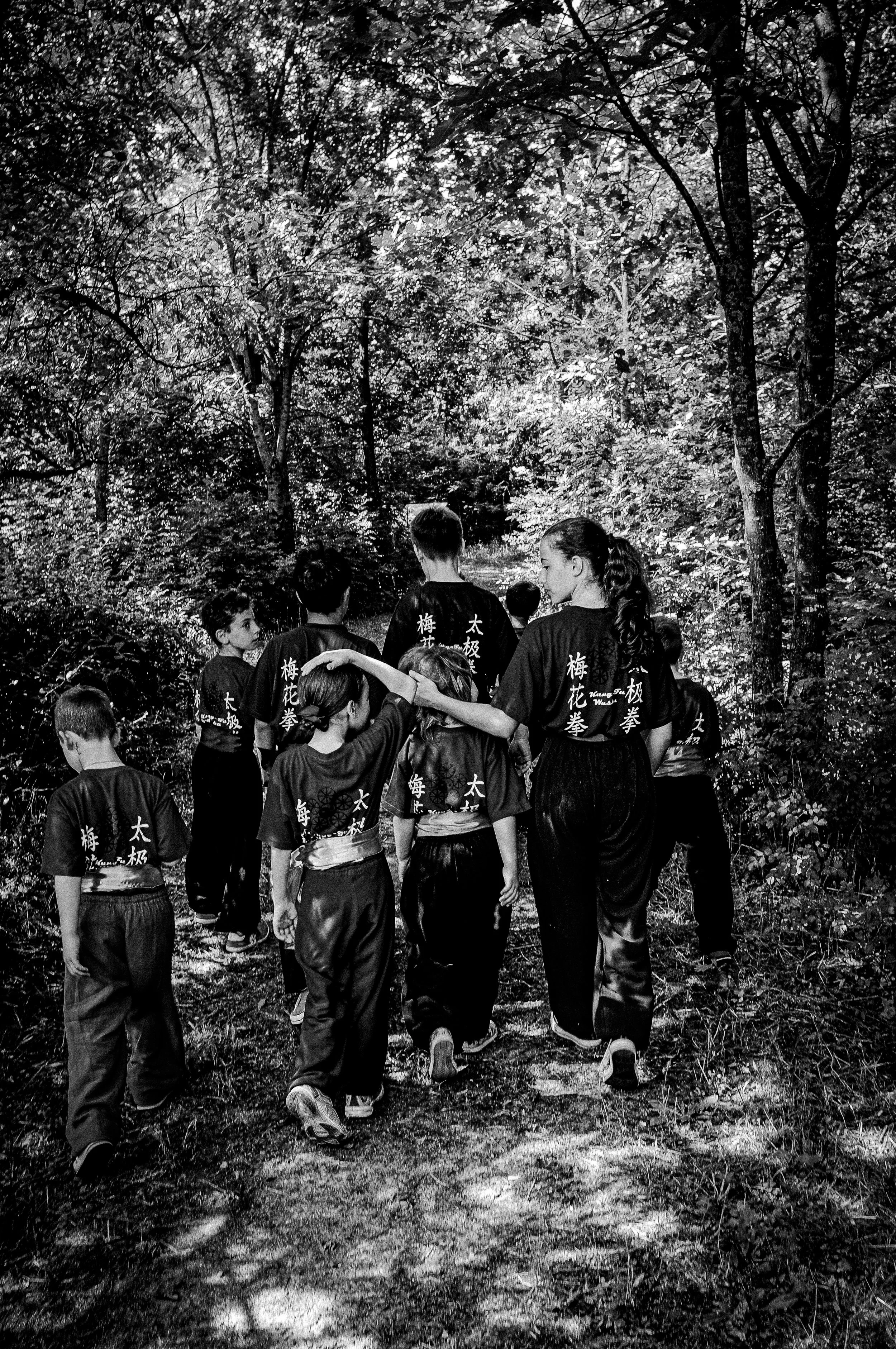 Bimbi Kung-Fu camminano nel bosco .