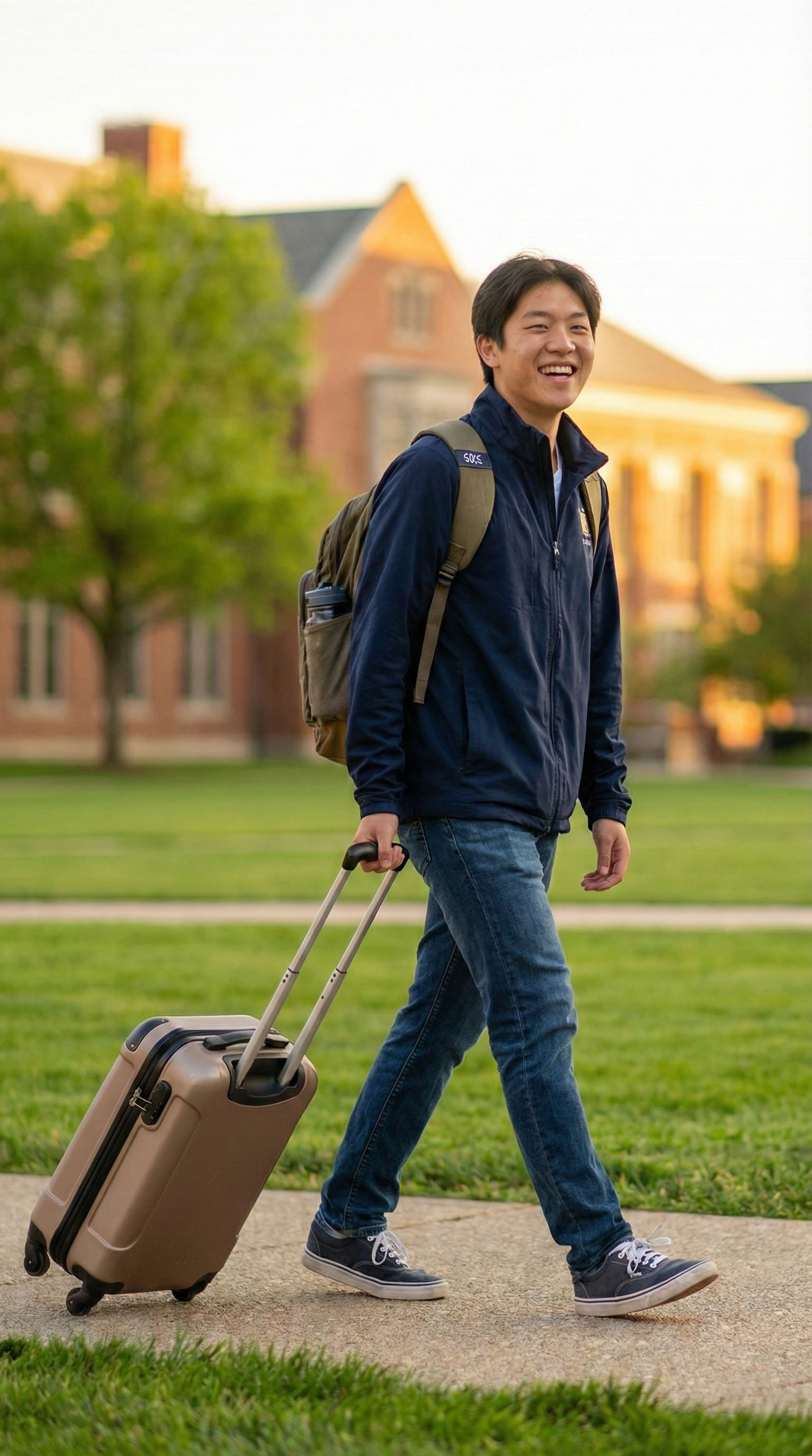 A young man walking outside on a college campus, pulling a rolling suitcase and smiling, with a backpack on his shoulders and brick buildings in the background during daylight.