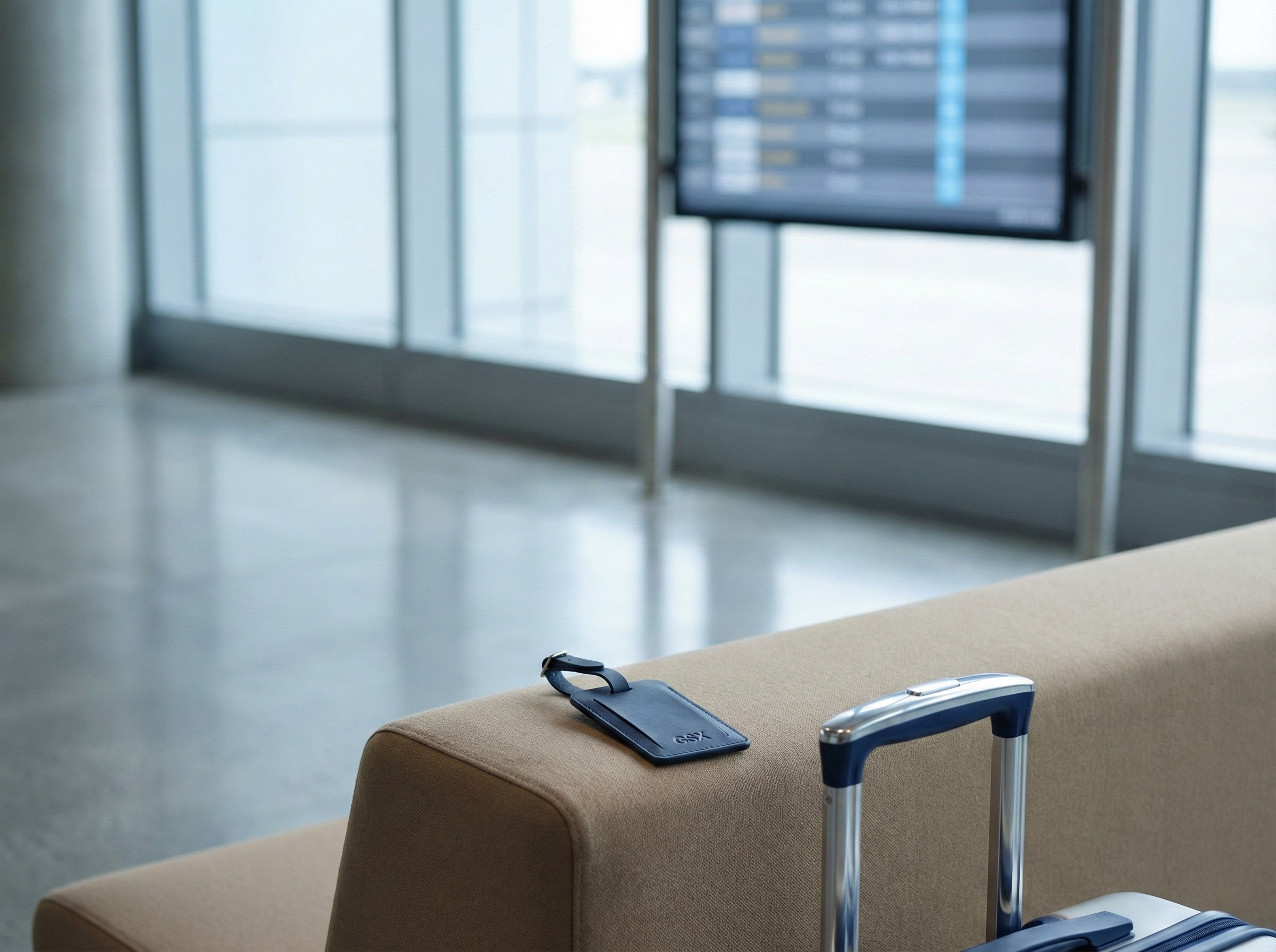 A beige sofa with a black luggage tag on top, and a silver suitcase with a blue handle next to it, inside an airport terminal near large windows and an electronic flight information display screen.