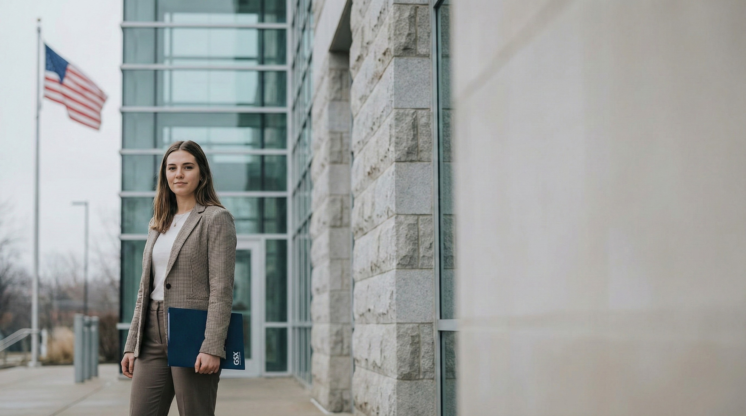 A young woman in business attire standing outside a modern building with glass windows and an American flag in the background, holding a navy folder.
