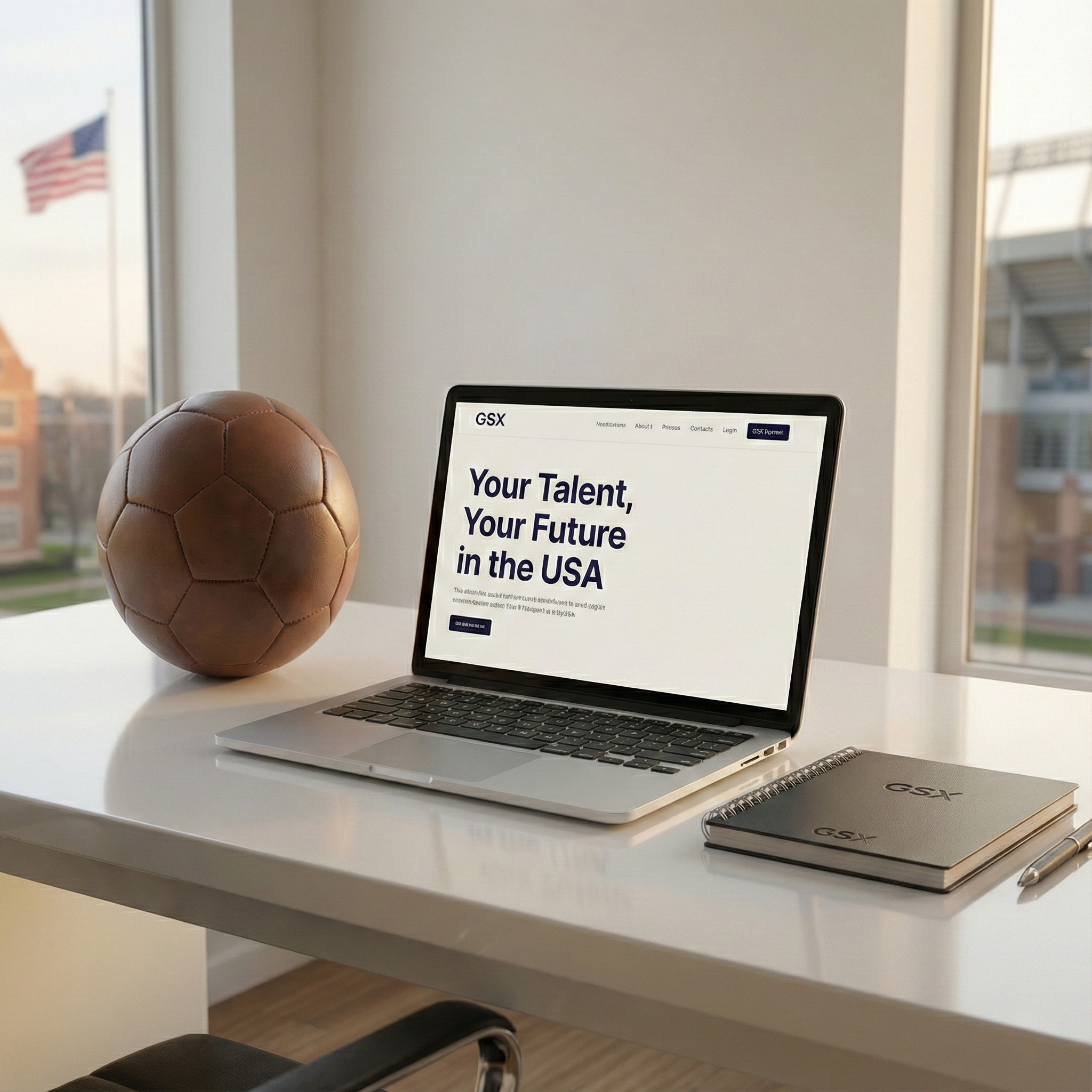 Desk with a laptop displaying a webpage with the text 'Your Talent, Your Future in the USA,' a brown leather soccer ball, a notebook, and a pen near a large window.