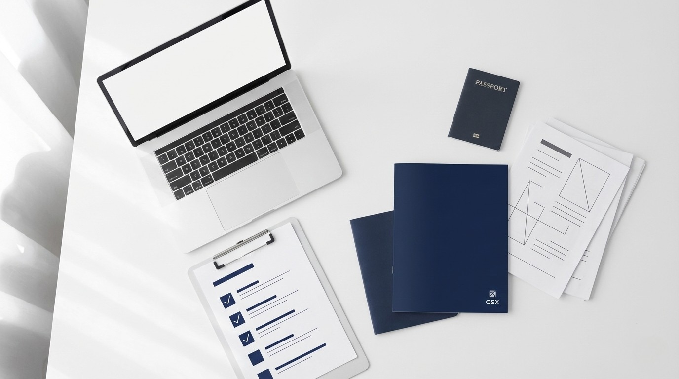 A laptop computer, a blue passport, a blue file folder, a clipboard with checkmarks, and several sheets of paper with diagrams and text on a white desk.