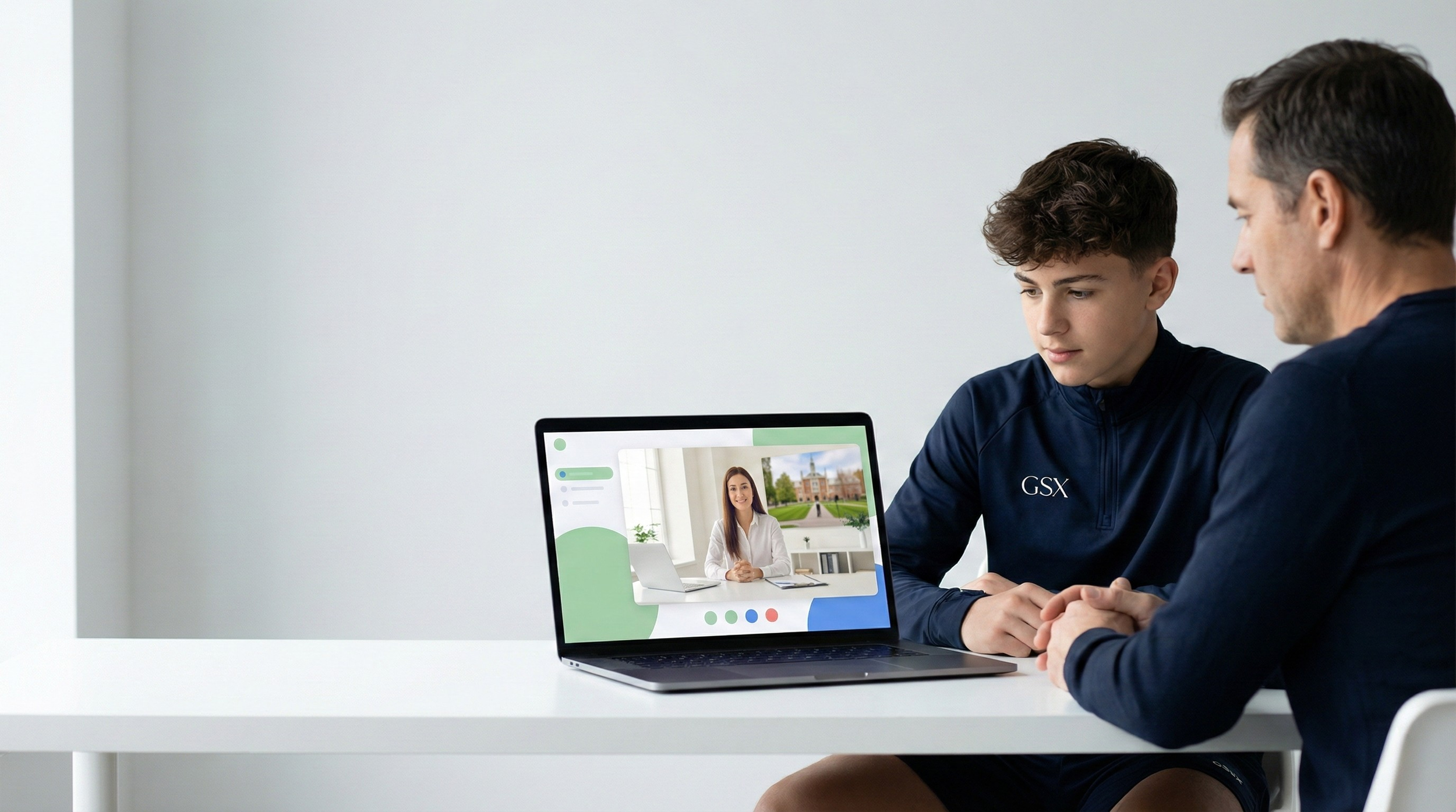 Two young men sitting at a white table, engaged in a video call on a laptop with a woman on the screen, in a minimalist room with white walls.