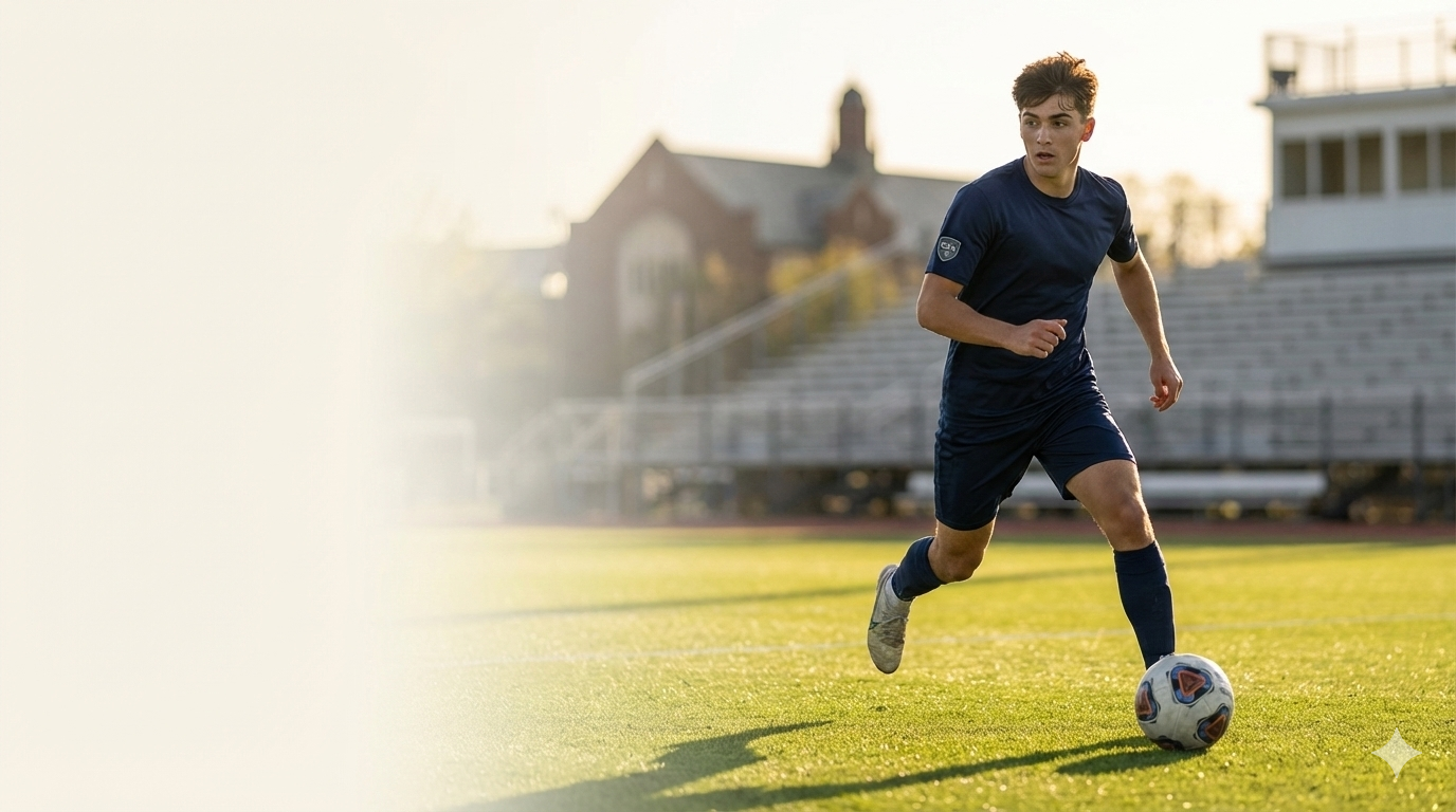 A young man playing soccer on a field during sunset, dribbling a soccer ball.