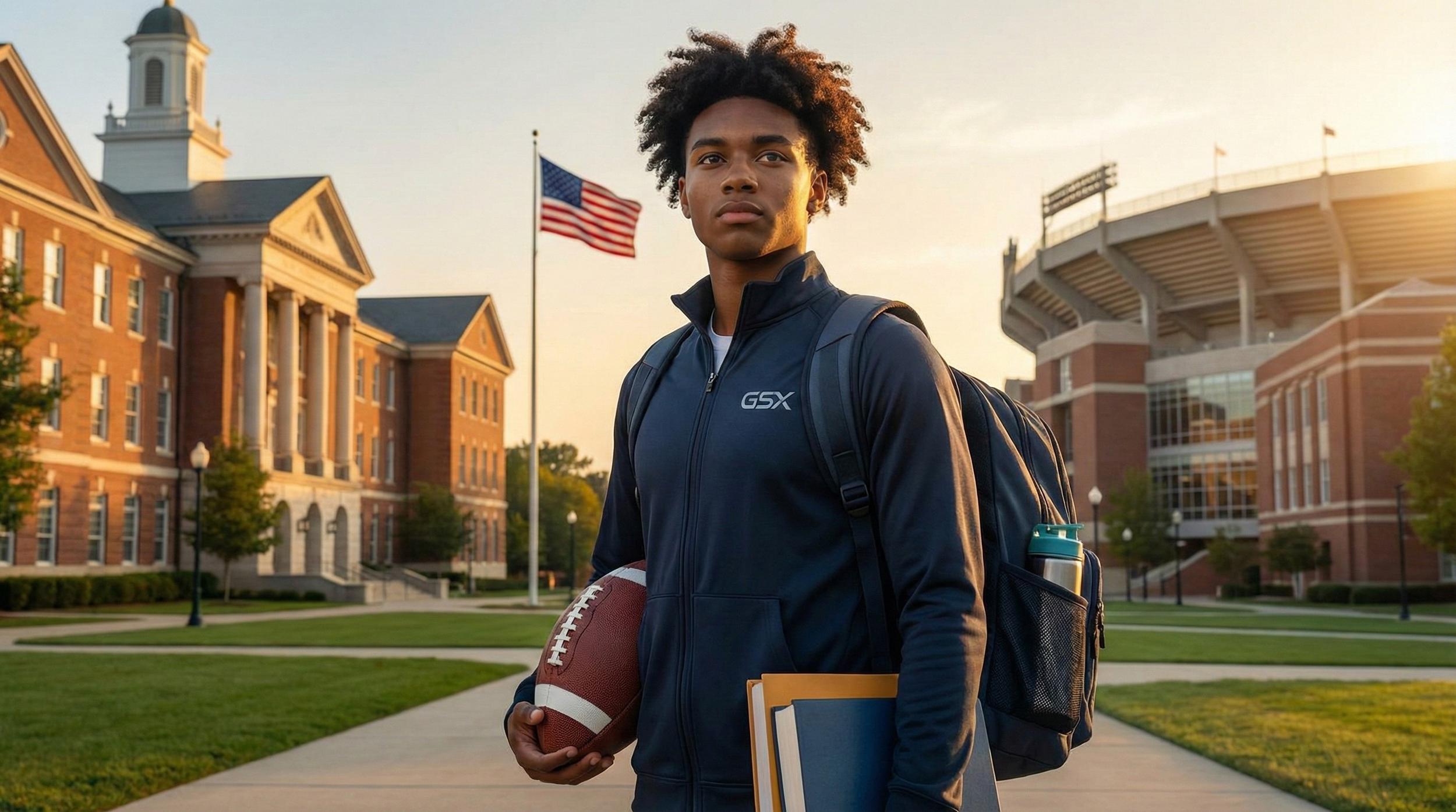 A young man standing outside a college campus holding a football, with school buildings and an American flag in the background during sunset.
