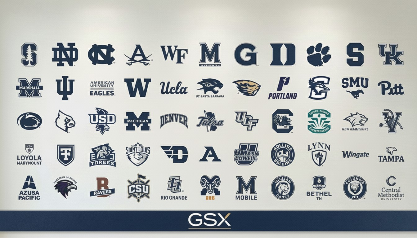 An assortment of college and university sports team logos and mascots arranged in rows, with a dark blue banner at the bottom displaying the GSX logo.