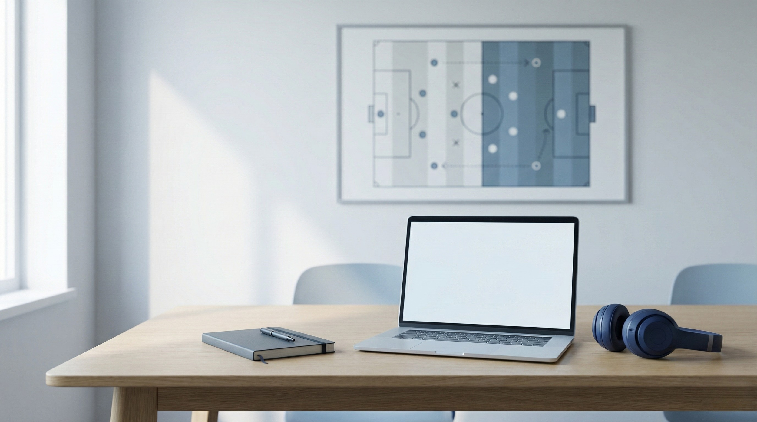 Modern office workspace with a laptop, closed notebook with pen, and headphones on a wooden desk. Light streams in from a window on the left, and a framed soccer field diagram hangs on the plain wall in the background.