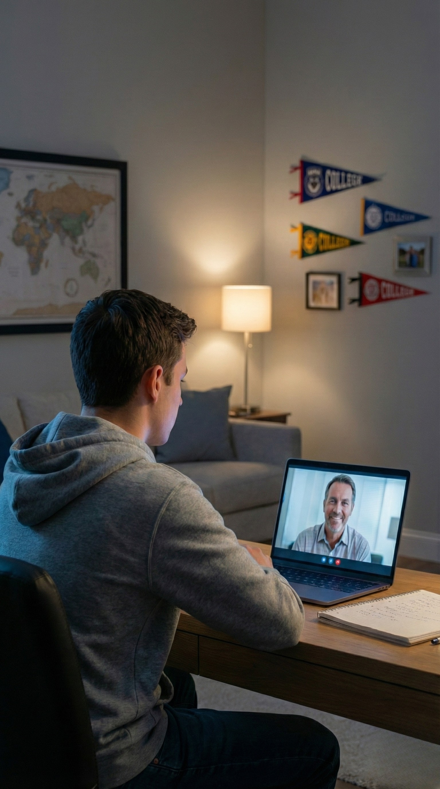 A young man in a gray hoodie sits at a wooden desk in a cozy living room, engaged in a video call on his laptop with an older man who has a beard and is smiling. The living room has a gray couch, a lamp on a side table, a world map on the wall, and college pennants hanging on the wall.