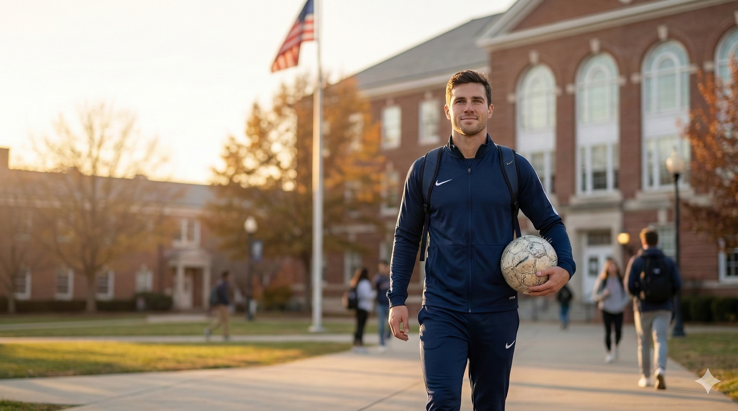 A young man wearing a dark blue sports outfit and carrying a soccer ball walking outside a school building during sunset, with trees and other students in the background.