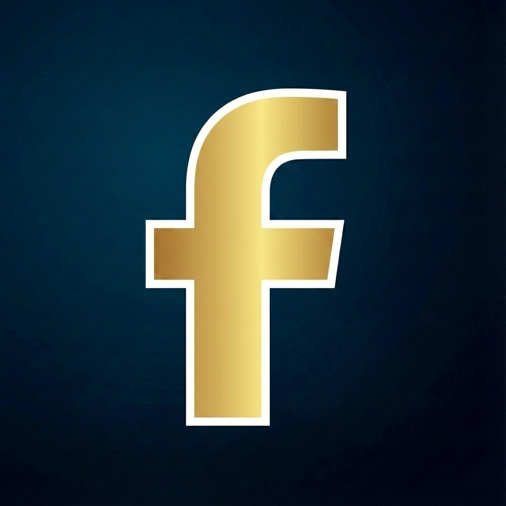 Gold Facebook logo with a white outline on a dark blue background.