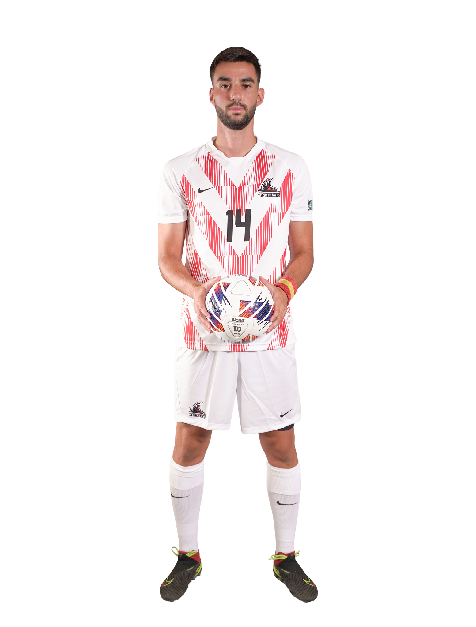 A male volleyball player in a white and red uniform holding a volleyball, standing against a black background.