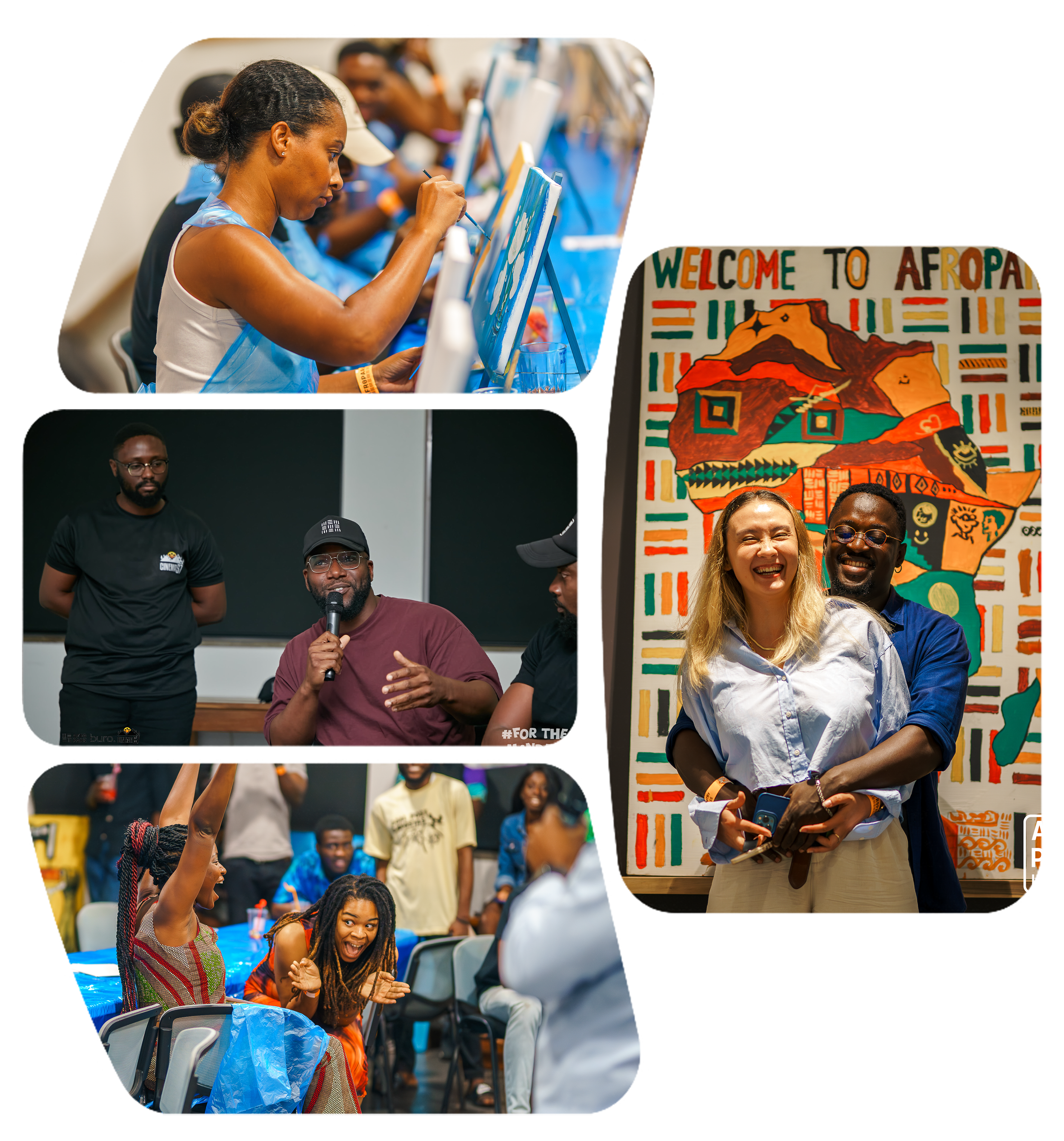 Group of diverse people participating in an event, painting and engaging in conversations, with a colorful African-themed mural and a