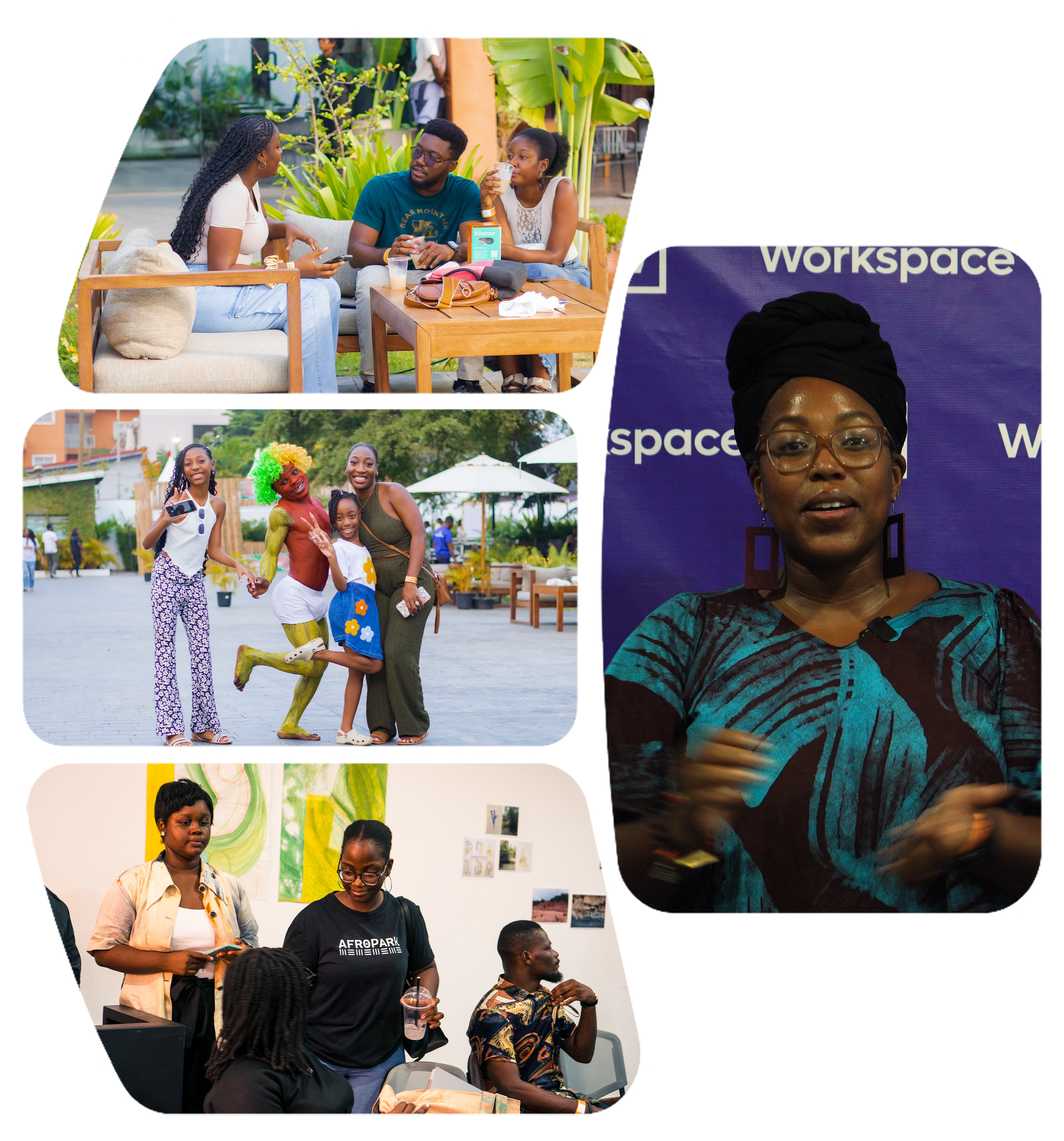 Collage of three photos: First photo shows three young adults sitting on a outdoor patio, engaging in conversation. Second photo features a group of four people outdoors, two are dressed in colorful costumes, with one person painted green and yellow, all smiling and holding hands. Third photo depicts three women indoors at an art gallery or exhibit, engaging with each other and looking at artwork or on display.