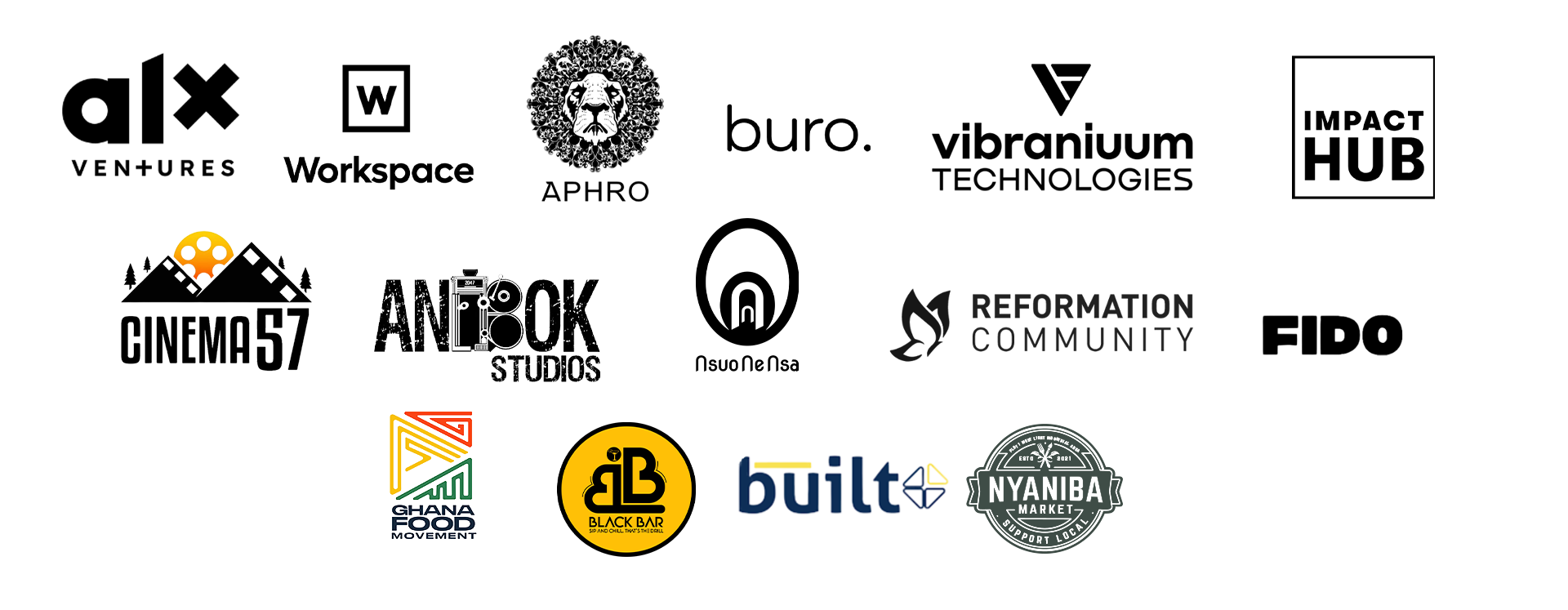 Logos for various organizations including Onemash, Antok Studios, Ghana Food Movement, Black Bar, Build, and Nyanira Market, arranged in a collage format with a black background.