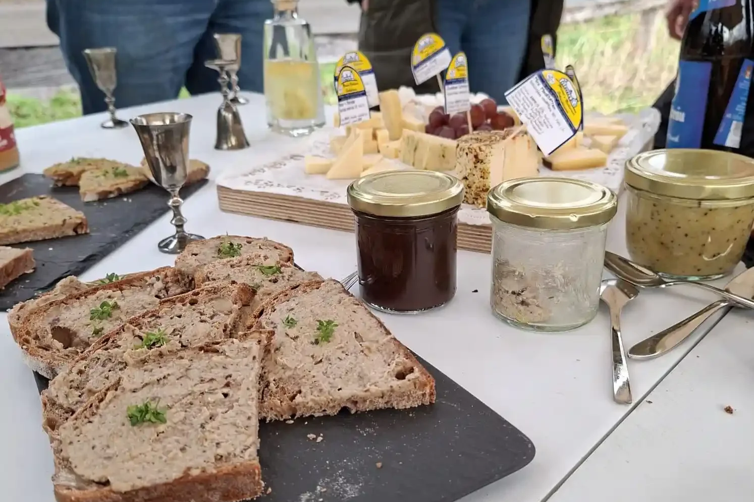 Tafel mit verschiedenen Käsesorten, Marmelade, Brot, Gläser, und Wein bei einem Picknick im Freien.