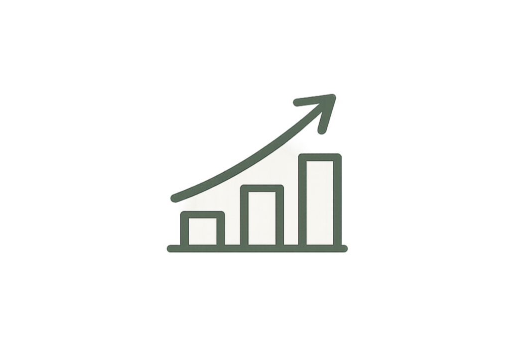 A 3D graph with a bar chart showing increasing values from left to right, with an upward trending arrow on top.