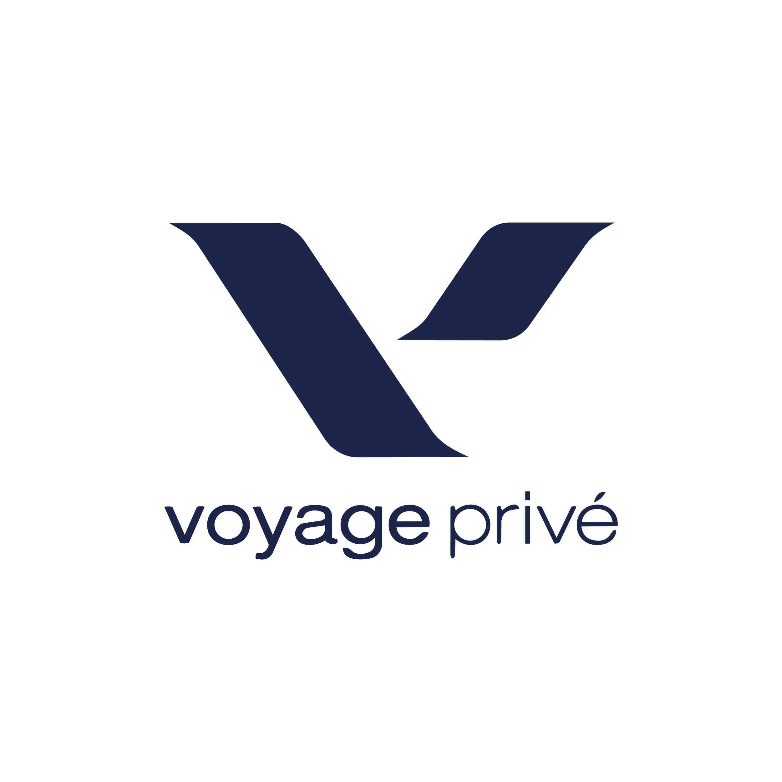 Logo de Voyages Privés, avec un V stylisé en bleu foncé et le texte 'voyages privé' en dessous.