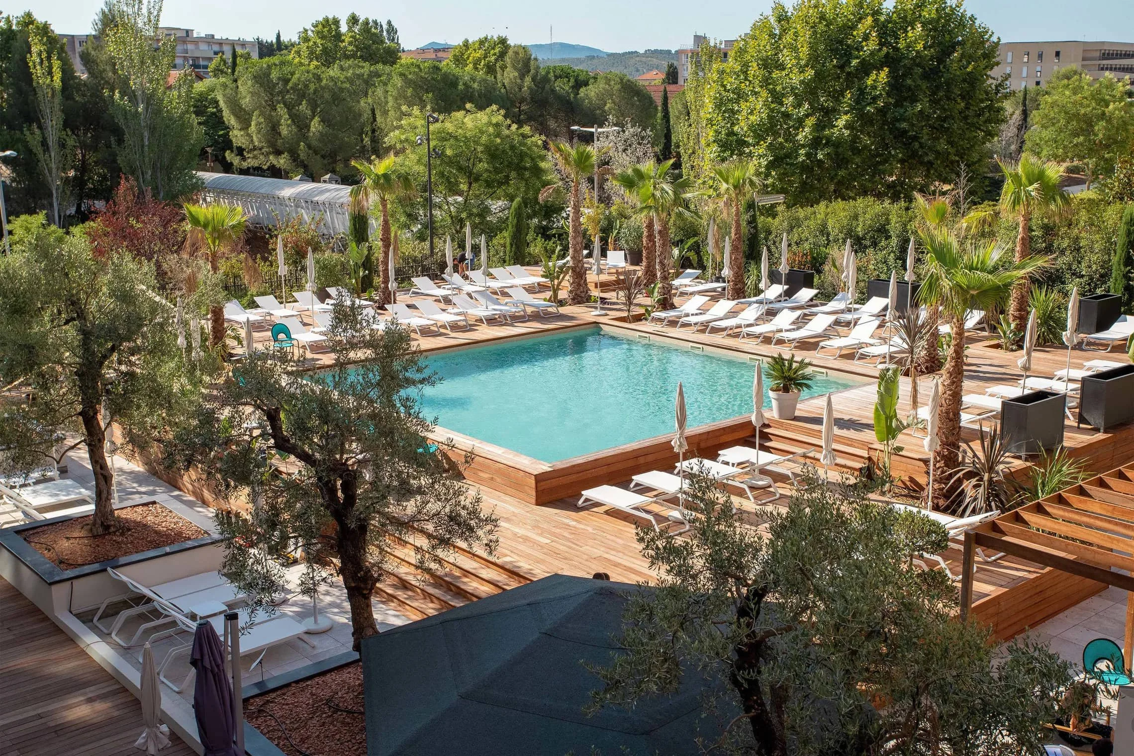 Piscine extérieure de l’Hôtel Renaissance Aix-en-Provence entourée d’oliviers, un espace détente idéal pour les événements d’entreprise.