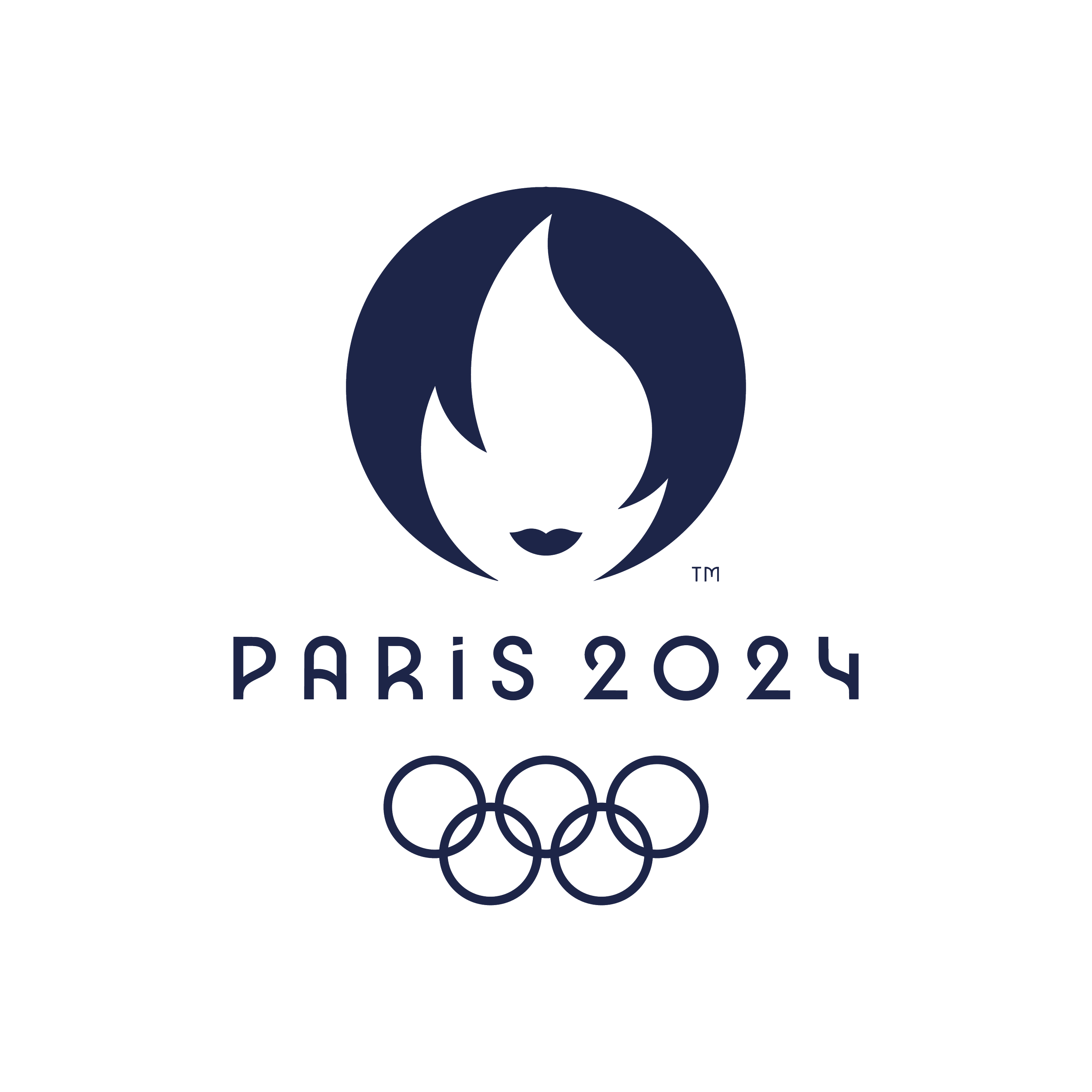 Logo des Jeux Olympiques de 2024 à Paris, représentant une tógrade stylisée en forme de flamme noire avec le texte 'Paris 2024' en dessous.
