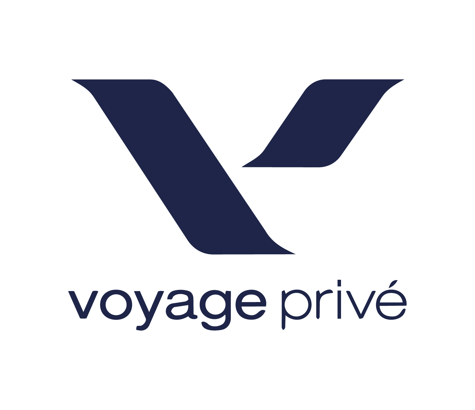 Logo de Voyage Privé avec un V stylisé en bleu foncé et le nom 'voyage privé' en dessous en lettres minuscules.