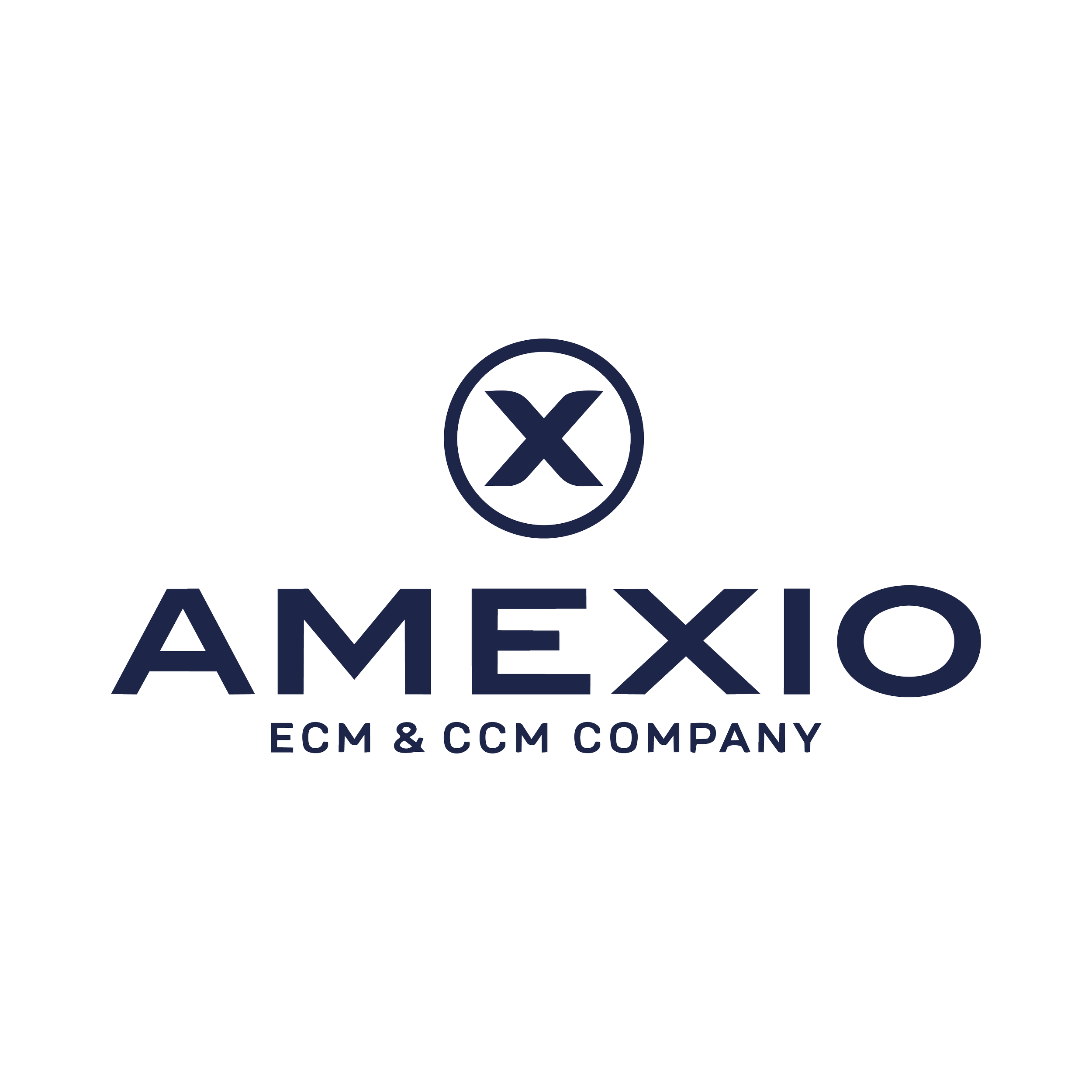 Logo de la compagnie Amex, société de cartes de crédit, avec un symbole en forme de cercle contenant une 'X' et le texte 'AMEX', suivi en dessous par la mention 'ECM & CCM COMPANY'.