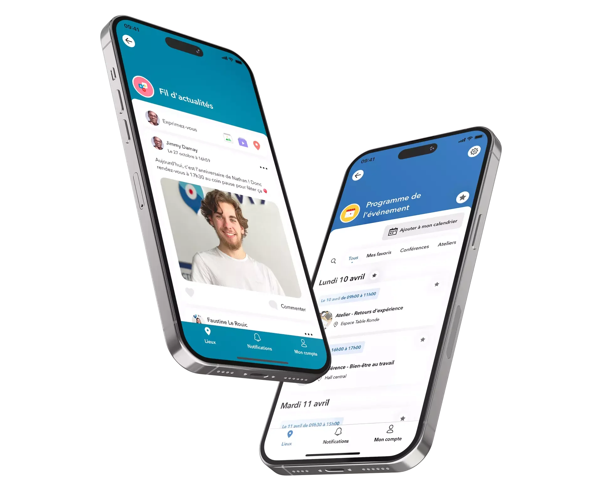 Deux smartphones affichant des calendriers et des notifications dans une interface d'application mobile en français.