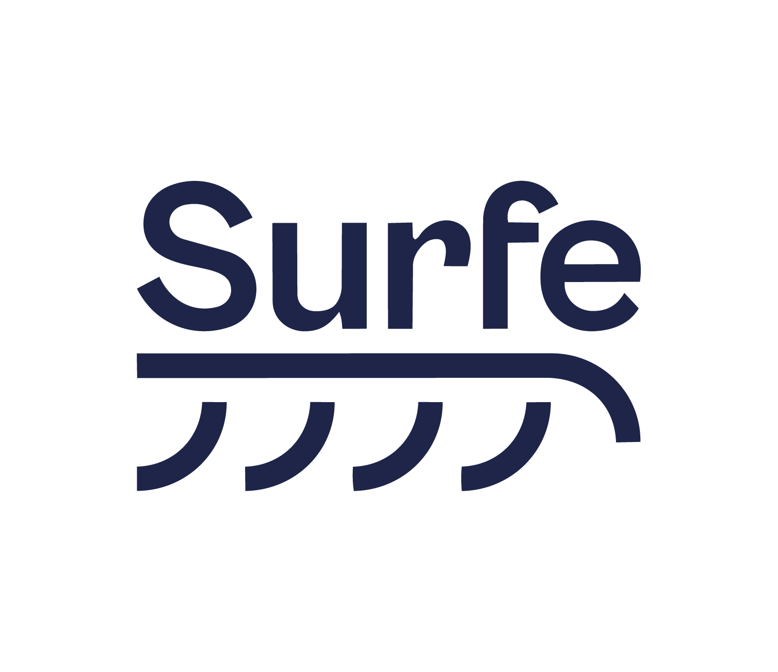 Logo de Surfe avec le nom 'Surfe' écrit en bleu marine, avec des lignes ondulées évoquant des vagues en dessous.