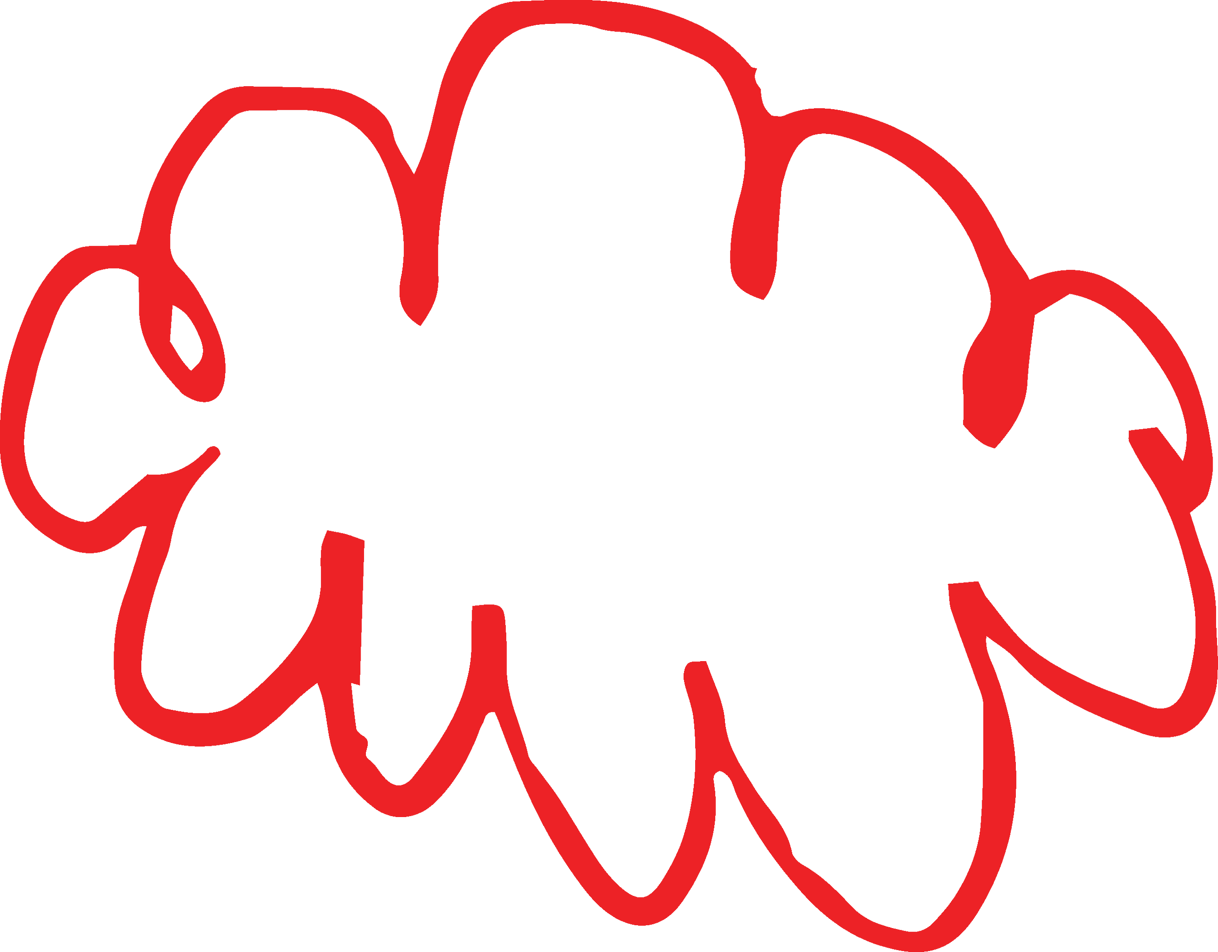 Dessin minimaliste d'un visage d'un chien, illustré par une ligne rouge continue sur fond noir.
