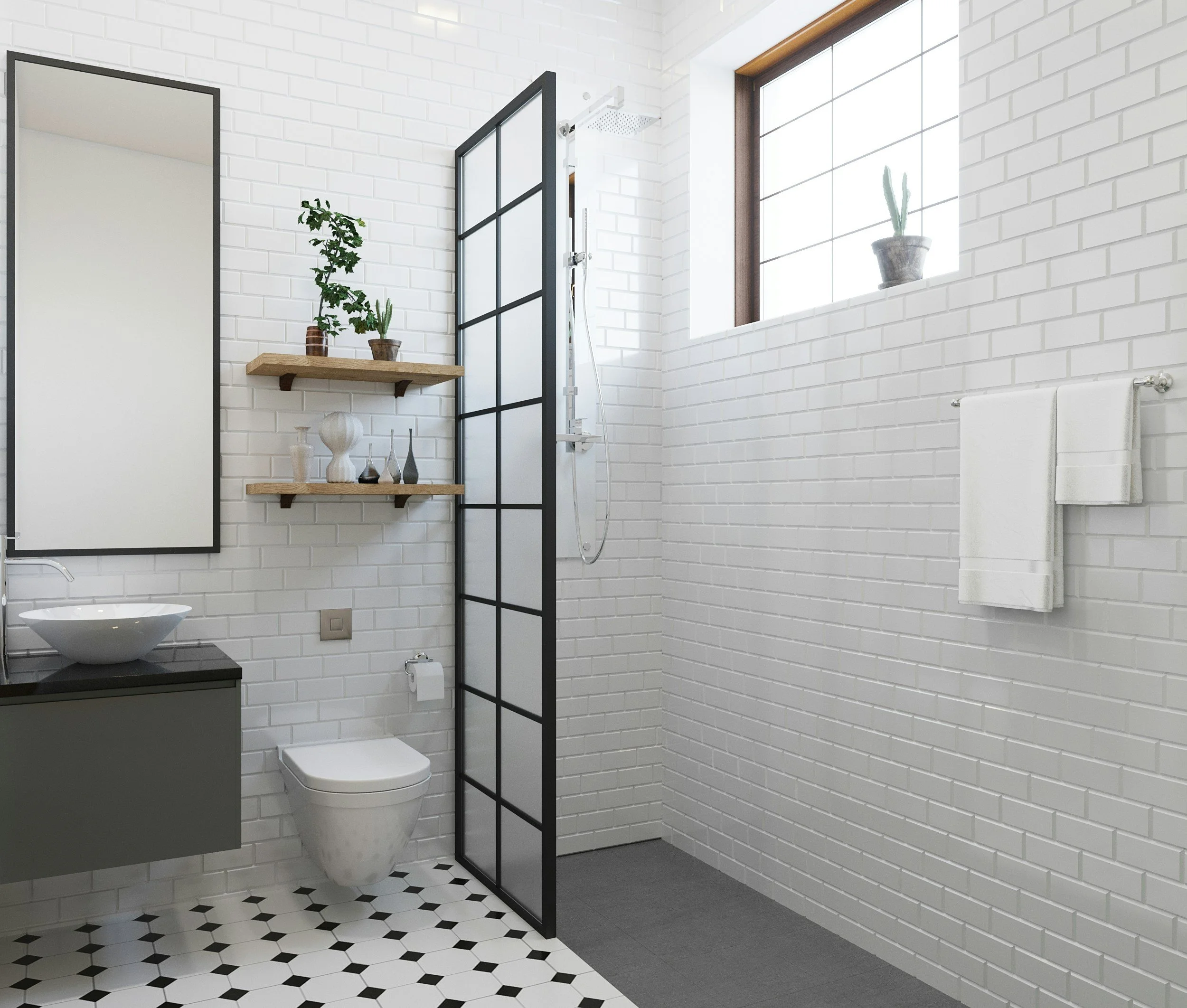 Moderner Badezimmer mit weiß verputzten Ziegelwänden, schwarzen und weißen Fliesen, einem großen Fenster mit Pflanzen, Regal mit Dekorvasen, dunklem Waschtisch mit Waschbecken, Toilette und einer Sichtschutzwand aus schwarzem Metallrahmen.
