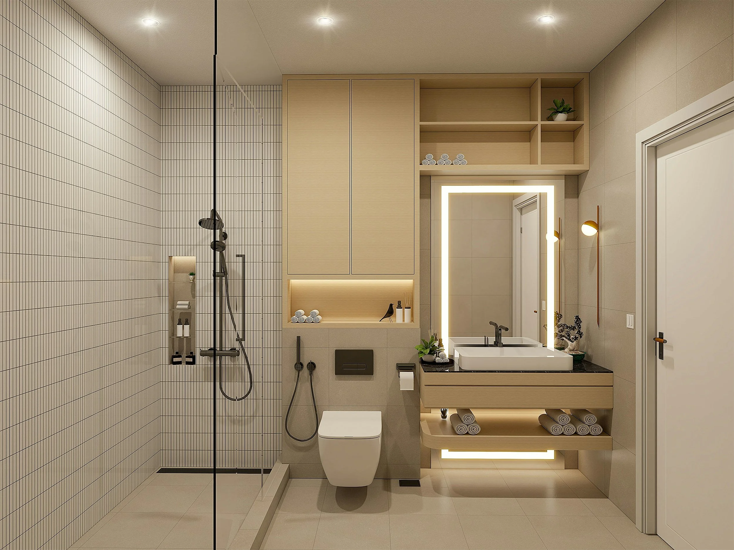Modernes Badezimmer mit begehbarer Dusche, Wandspiegel mit Beleuchtung, Waschtisch mit schwarzen Oberflächen, beleuchtorem Regal, weißen Handtüchern und Pflanzen.