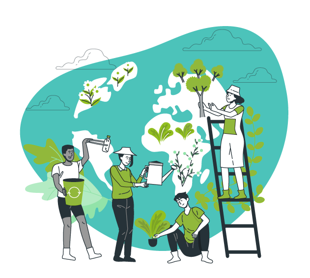 Groupe de personnes plantant et prenant soin d'arbres et de plantes dans un environnement écologique.