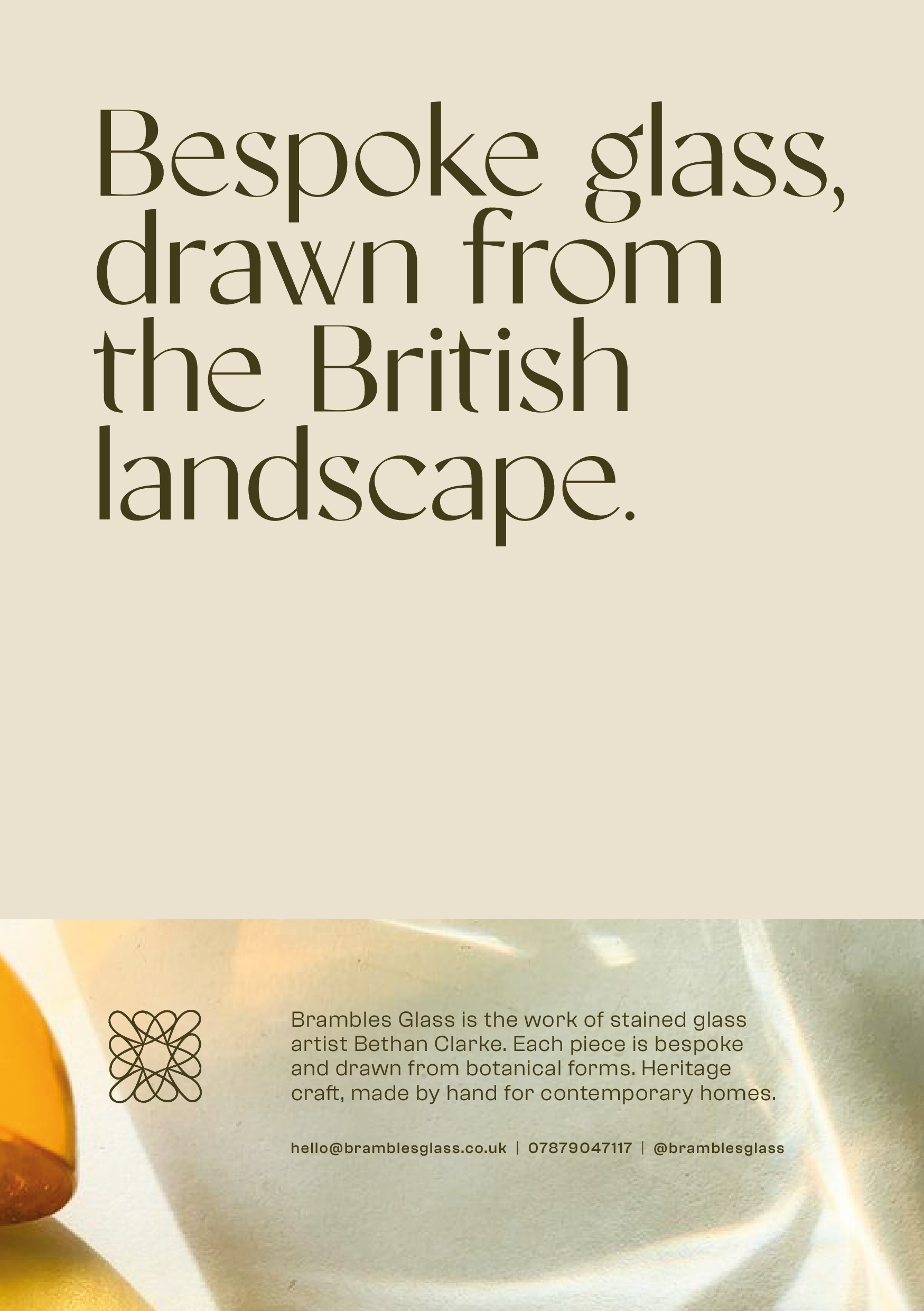 A close-up of a marketing webpage for Brambles Glass, featuring large text that says, 'Bespoke glass, drawn from the British landscape.' The background includes a blurred image of glass art with warm colors, and additional text describing the handcrafted, botanical-inspired glass pieces by artist Bethan Clarke.