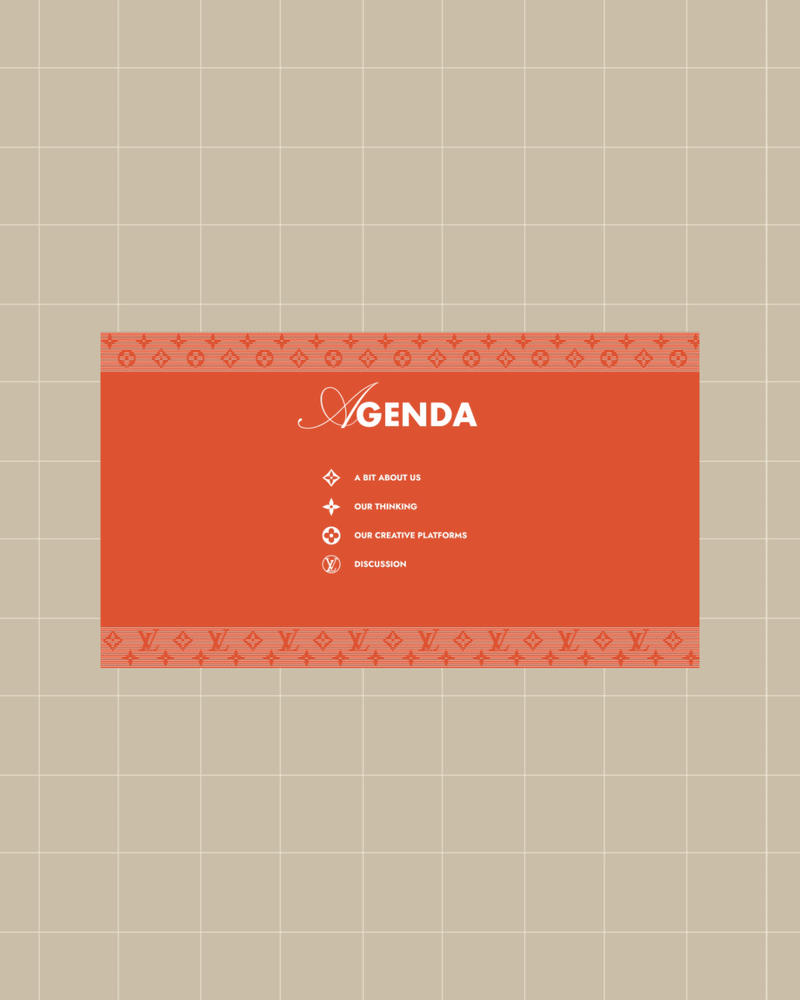 A presentation slide with a red background and the word "AGENDA" in large white letters, featuring menu options: "A BIT ABOUT US," "OUR THINKING," "OUR CREATIVE PLATFORMS," and "DISCUSSION."