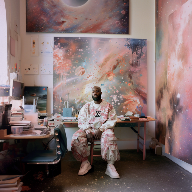 A man sitting on a chair in an art studio with space-themed murals and artwork on the walls.
