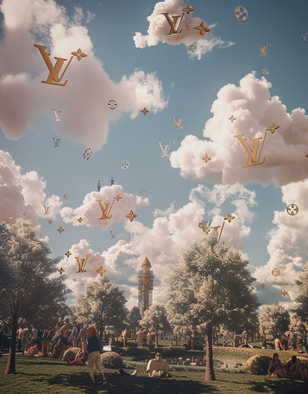 People relaxing in a park with trees and a fountain under a sky with clouds. Floating above are large and small Louis Vuitton logos and symbols.
