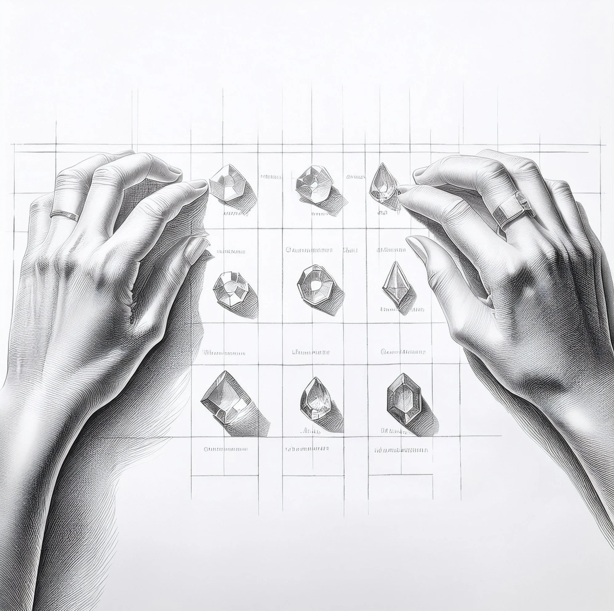 Blueprints or technical drawings of gemstones, being held by detailed sketch hands, with a mostly blank background.