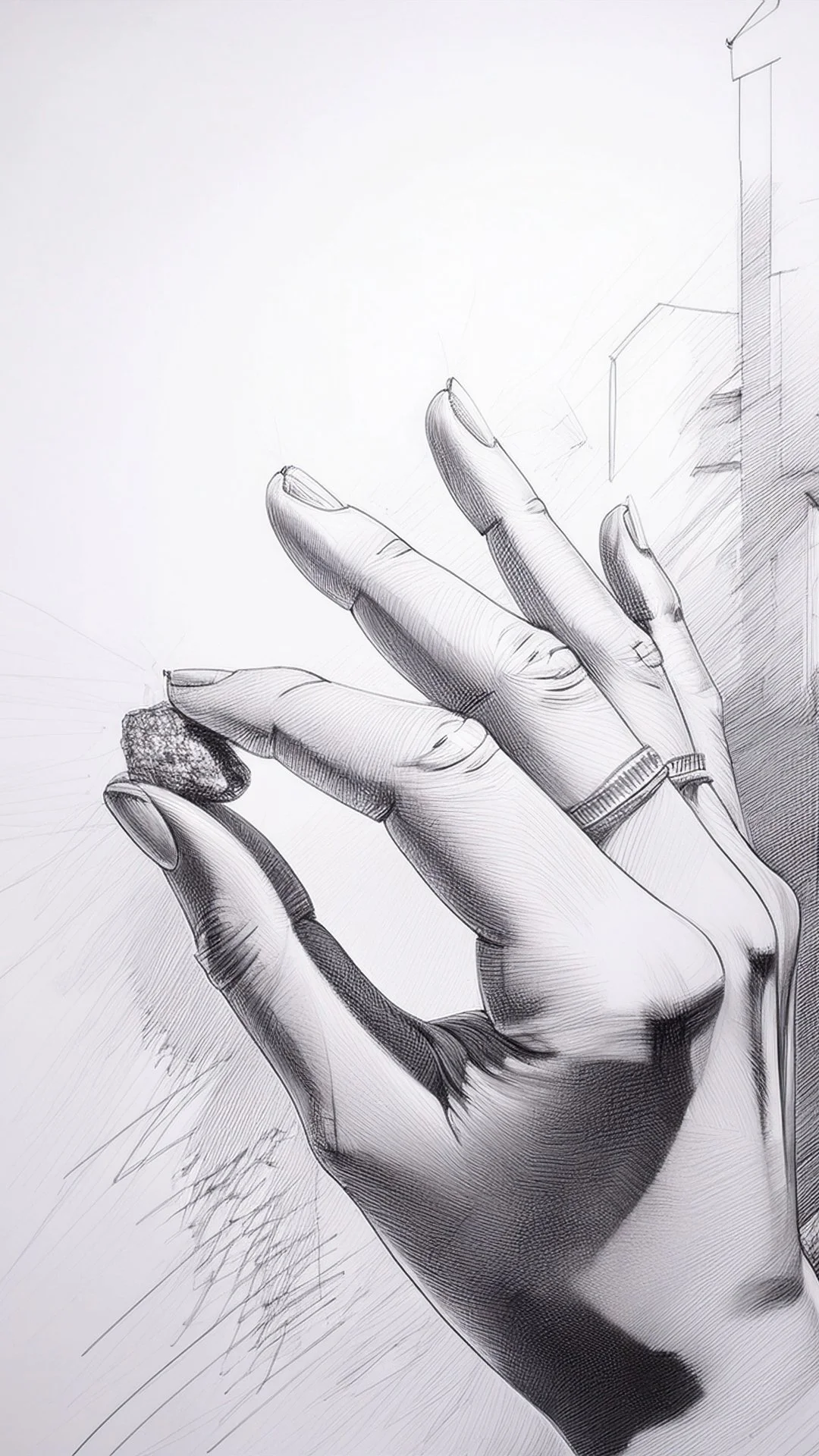 A pencil sketch of a human hand holding a small rock with a ring on the middle finger, with a partial view of a simple building outline in the background.