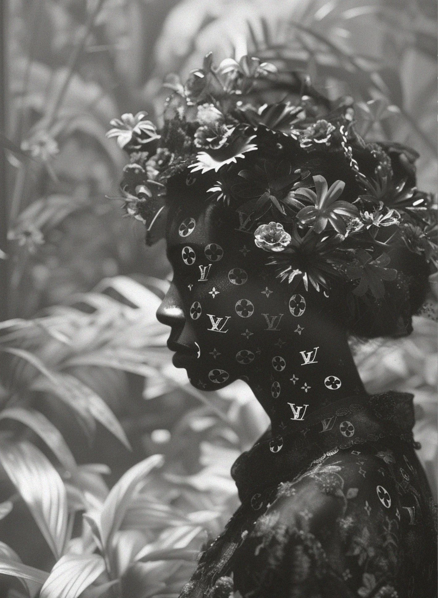 Black and white photo of a plant with long leaves in the background and a human-shaped figure with a pattern of Louis Vuitton logos and floral designs on its face and body, facing left.