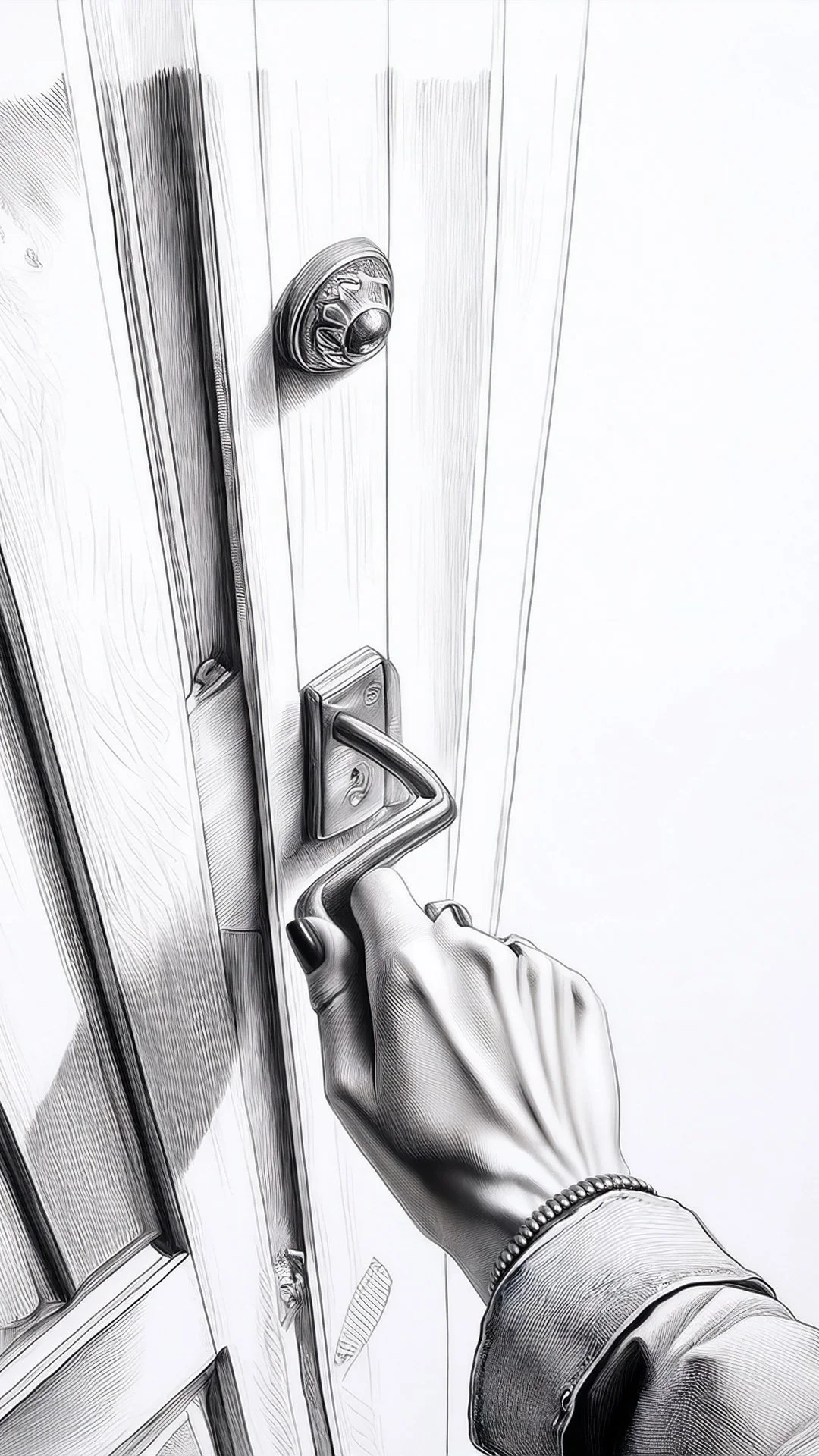 Black and white photo of a person holding a door handle, preparing to open a door with a round doorknob.