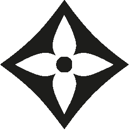 Stylized black flower or four-petal design with a small circle in the center, set against a black background.