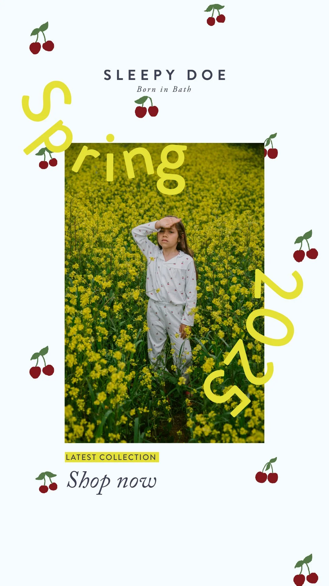 A mobile advertisement showing a girl standing in a yellow flowering field, with the text 'Sleeping 2023' in large yellow font, and additional text promoting a fashion collection and shop.