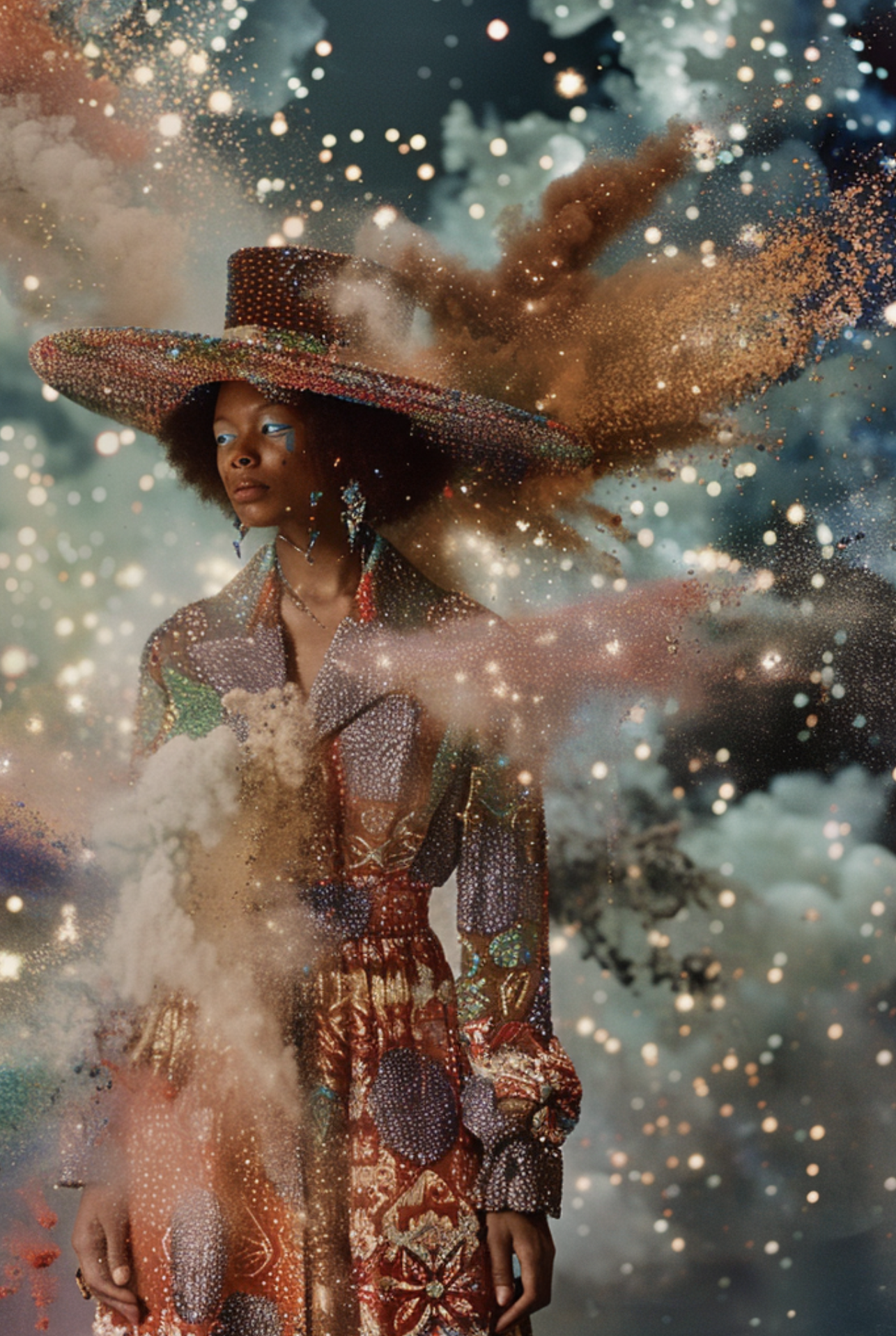 A woman wearing a large, colorful, glittery hat and traditional, ornate clothing, surrounded by a cloud of multicolored fireworks or sparkling lights.